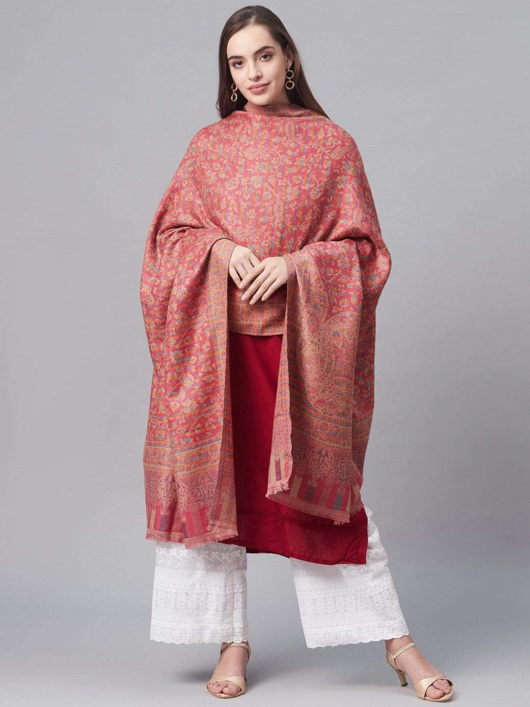 Pashtush India 100x200 Pashutsh Womens Faux Pashmina Pink and Beige Jamawar Shawl