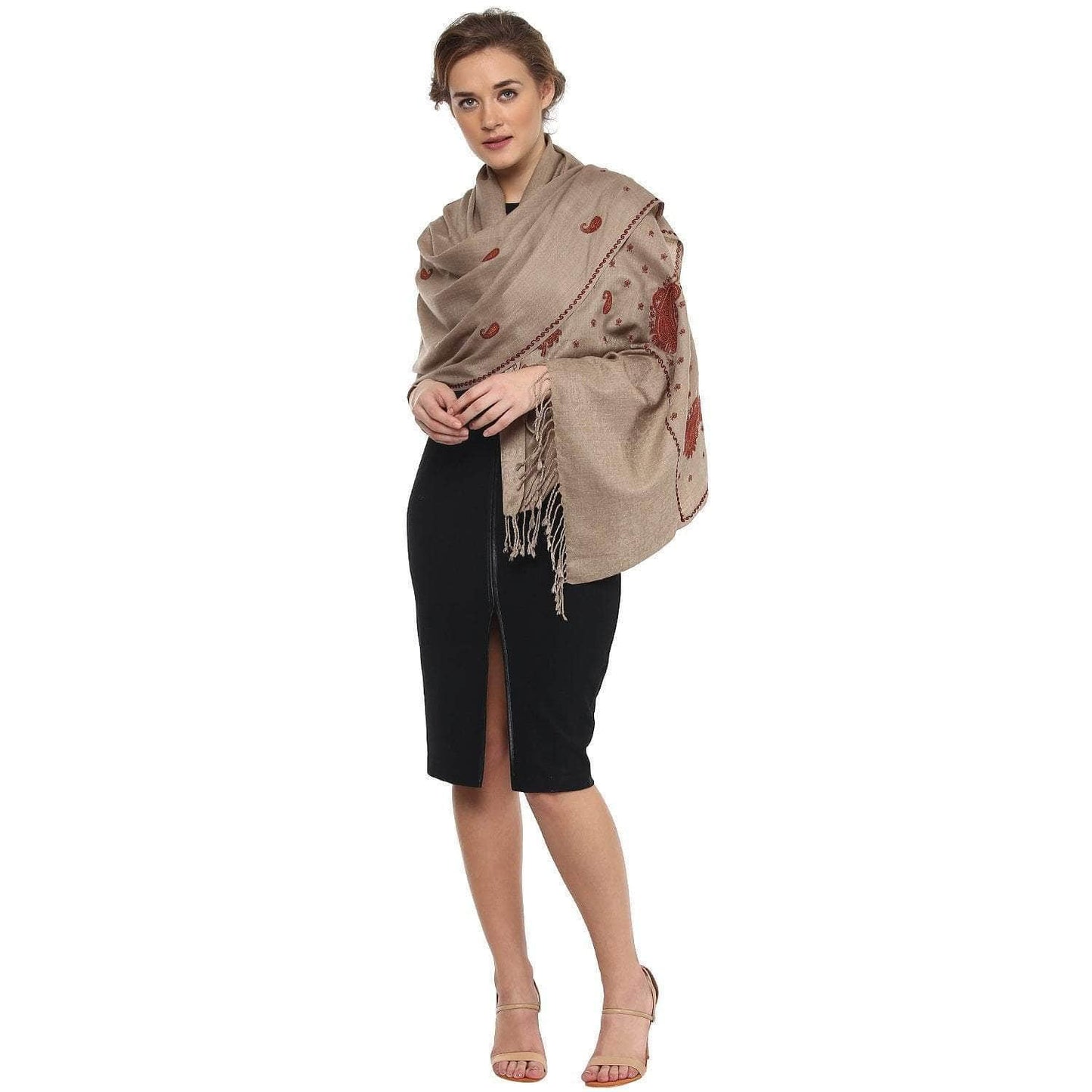 Pashtush India Stole Pashutsh Womens Fine Wool Kashmiri Embroidery Stole, Taupe