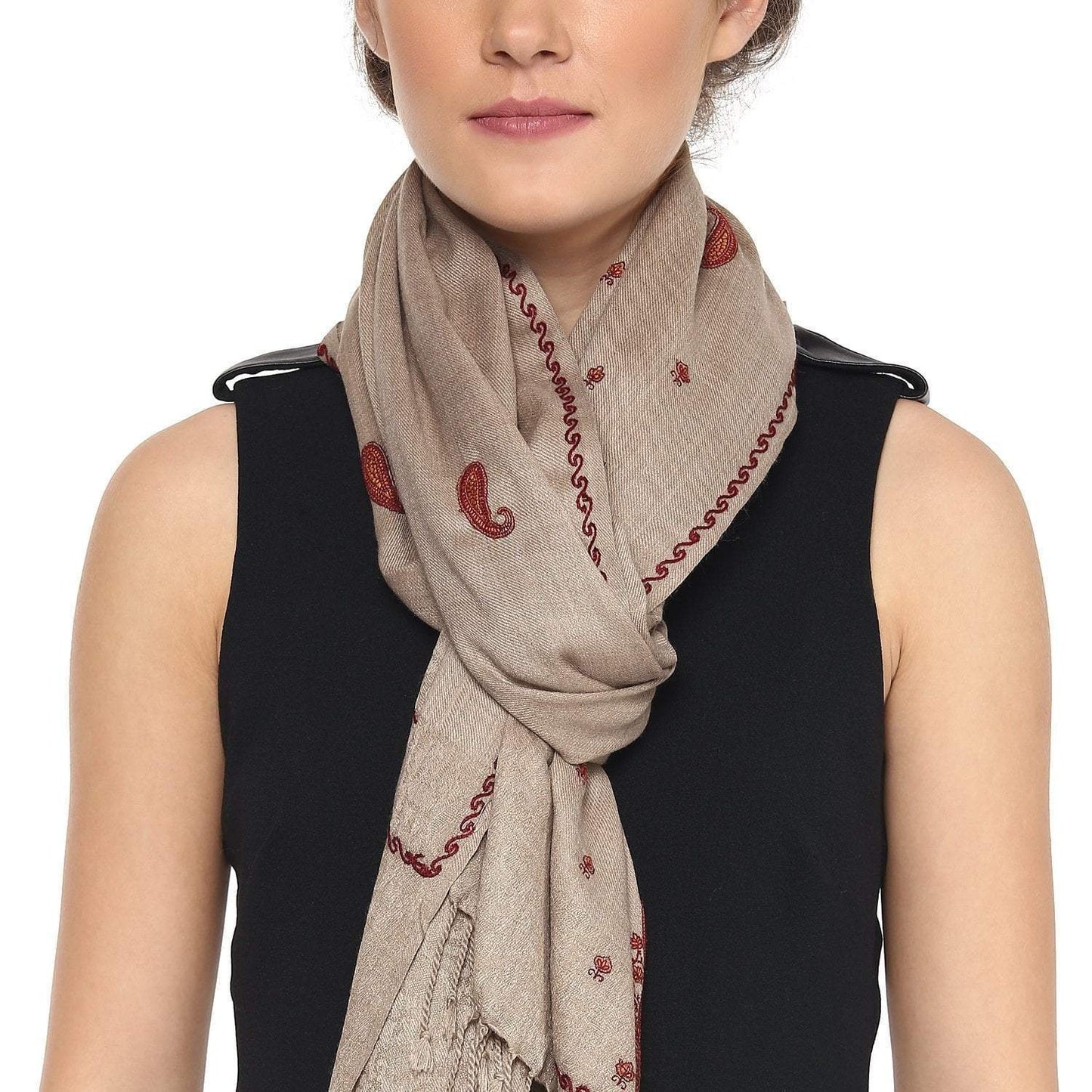 Pashtush India Stole Pashutsh Womens Fine Wool Kashmiri Embroidery Stole, Taupe