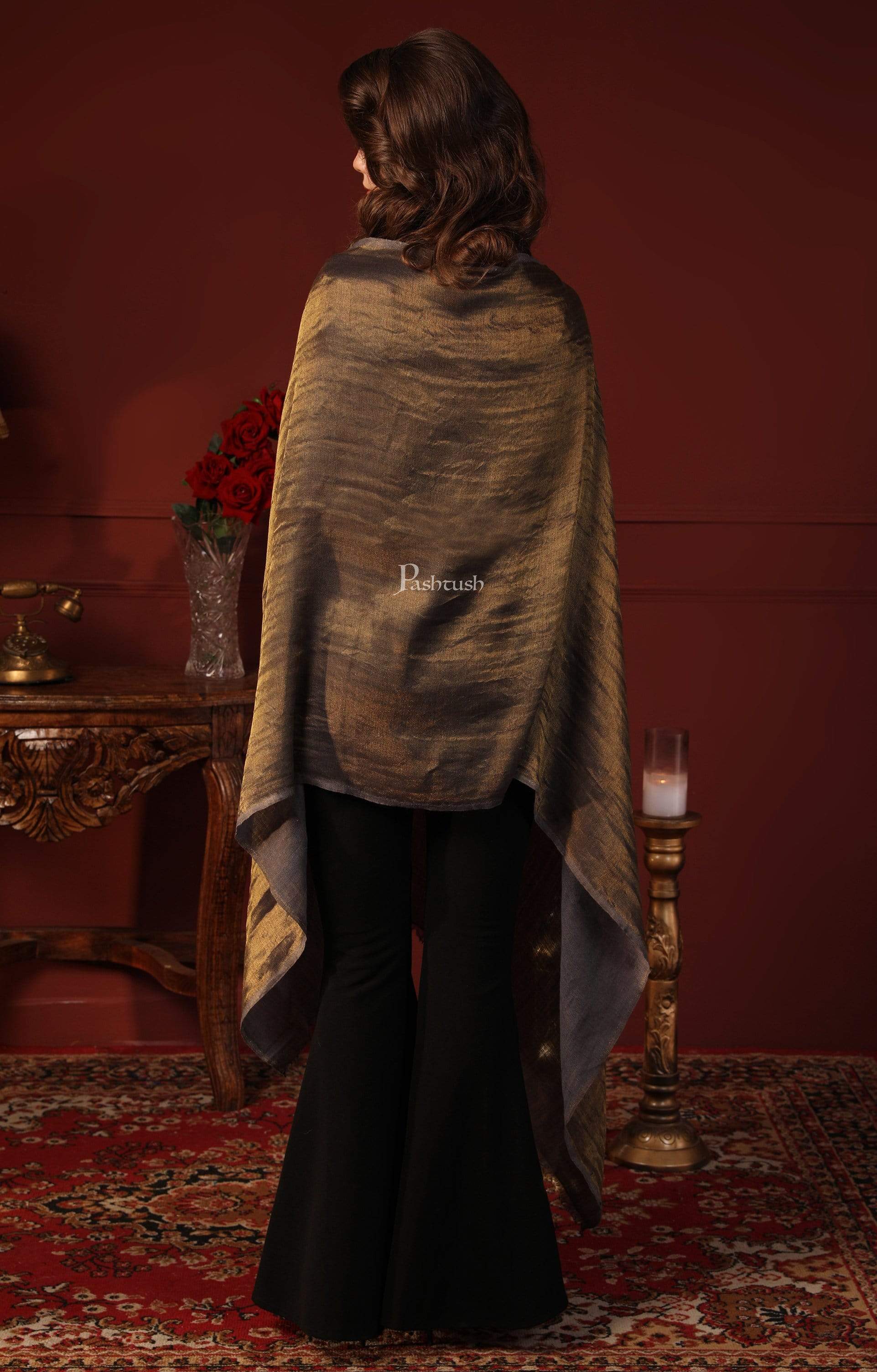 Pashtush India 70x200 Pashutsh Womens Twilight Scarf, With Shimmery Zari Thread Weave, Grey Gold