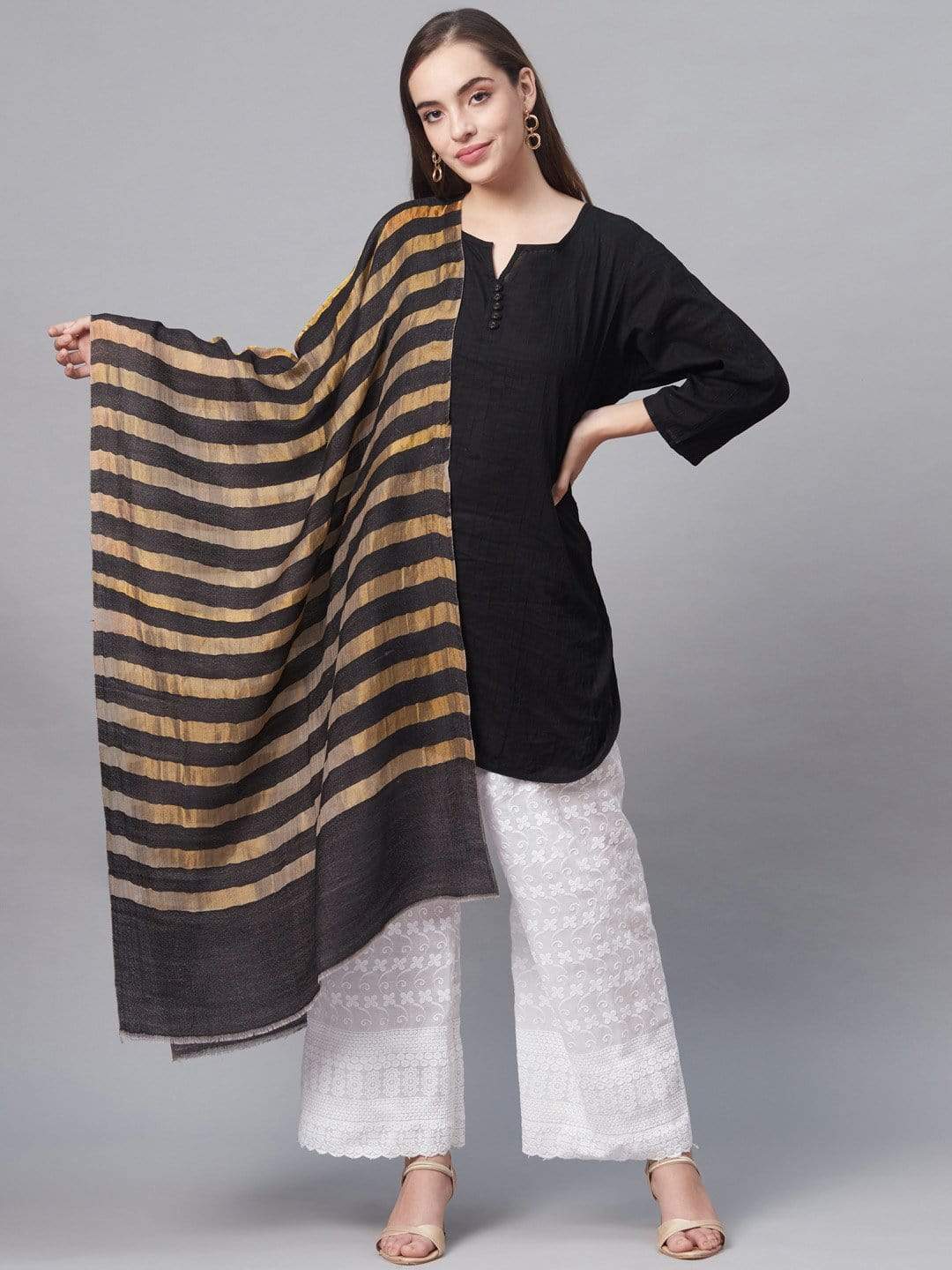 Pashtush India 70x200 Pashtush Women Black  Golden Striped Designer Stole