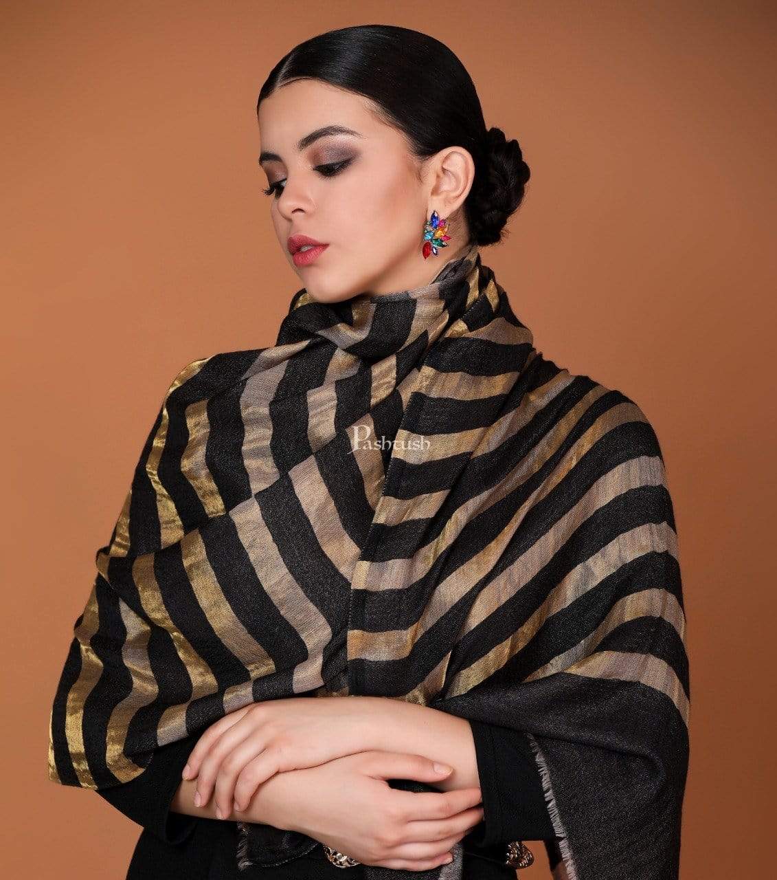 Pashtush India 70x200 Pashutsh Womens Twilight Striped Scarf, With Shimmery Metallic Zari Thread Weave