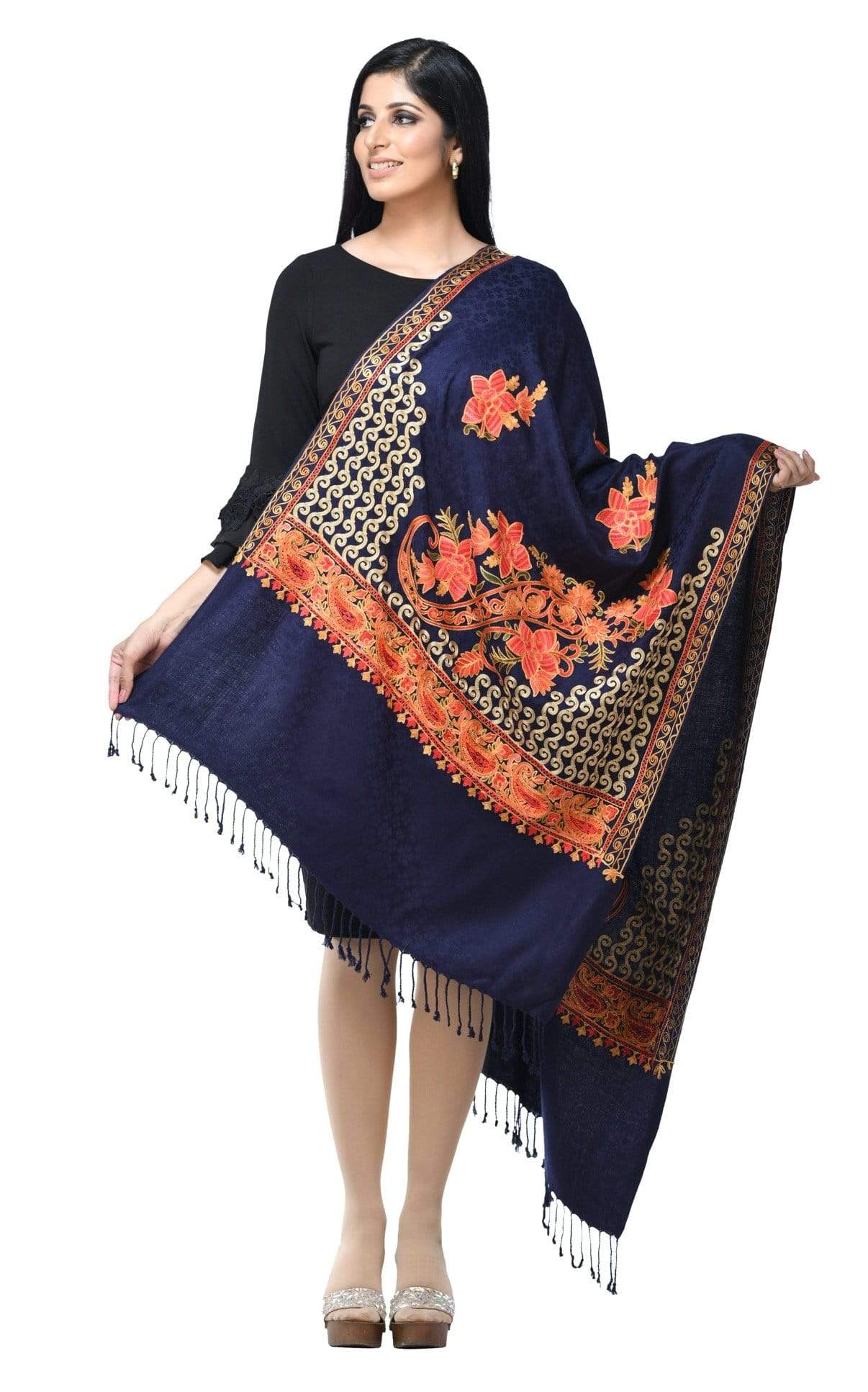 Pashwool 70x200 Pashwool, Womens Kashmiri Aari Embroidery Stole, Soft Bamboo