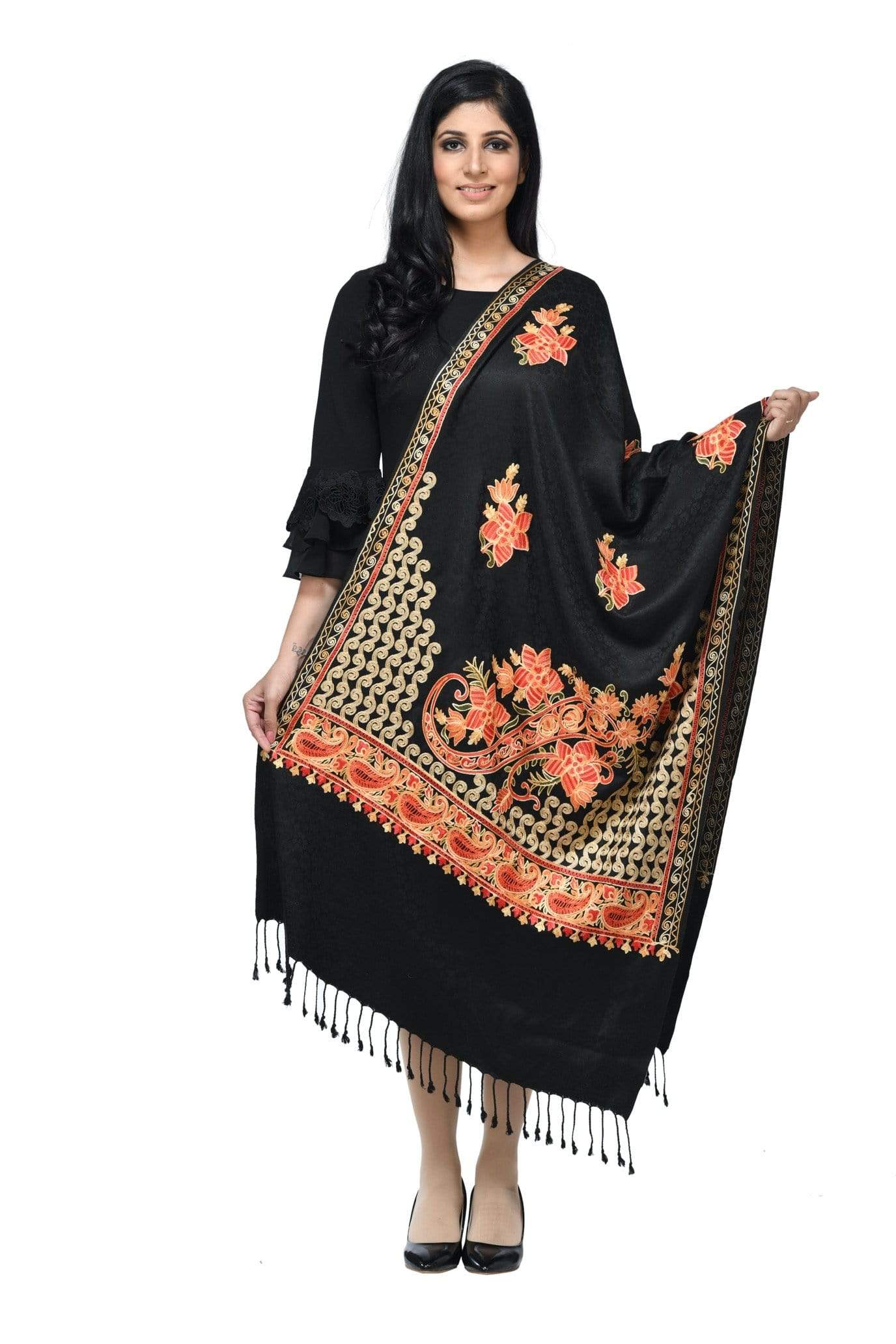 Pashwool 70x200 Pashwool, Womens Kashmiri Aari Embroidery Stole, Soft Bamboo