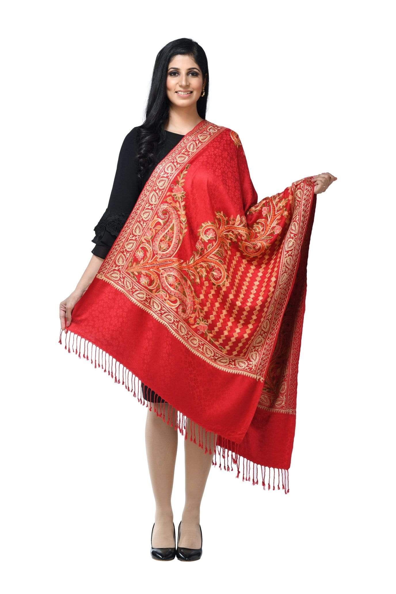 Pashwool 70x200 Pashwool, Womens Kashmiri Aari Embroidery Stole, Soft Bamboo