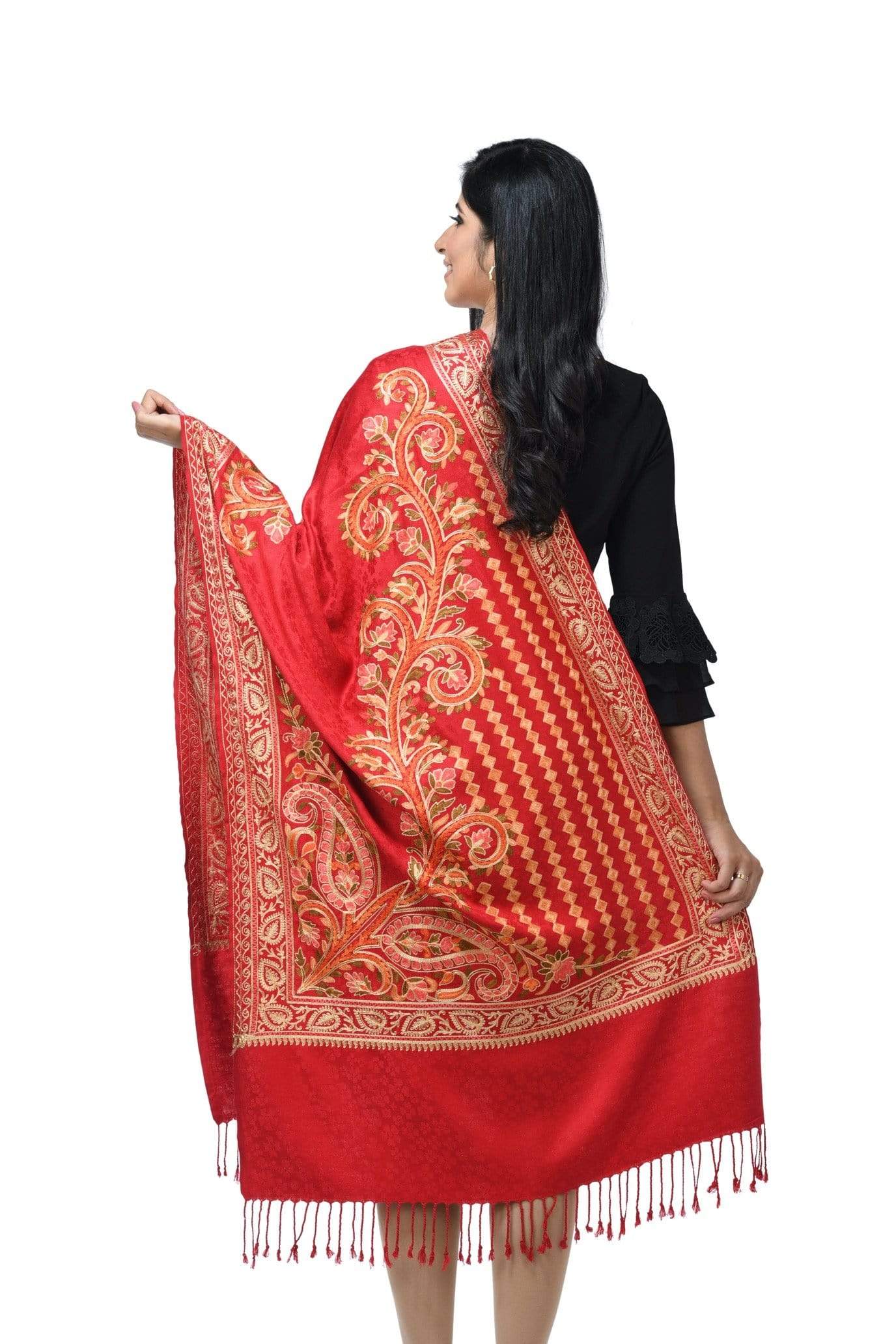 Pashwool 70x200 Pashwool, Womens Kashmiri Aari Embroidery Stole, Soft Bamboo