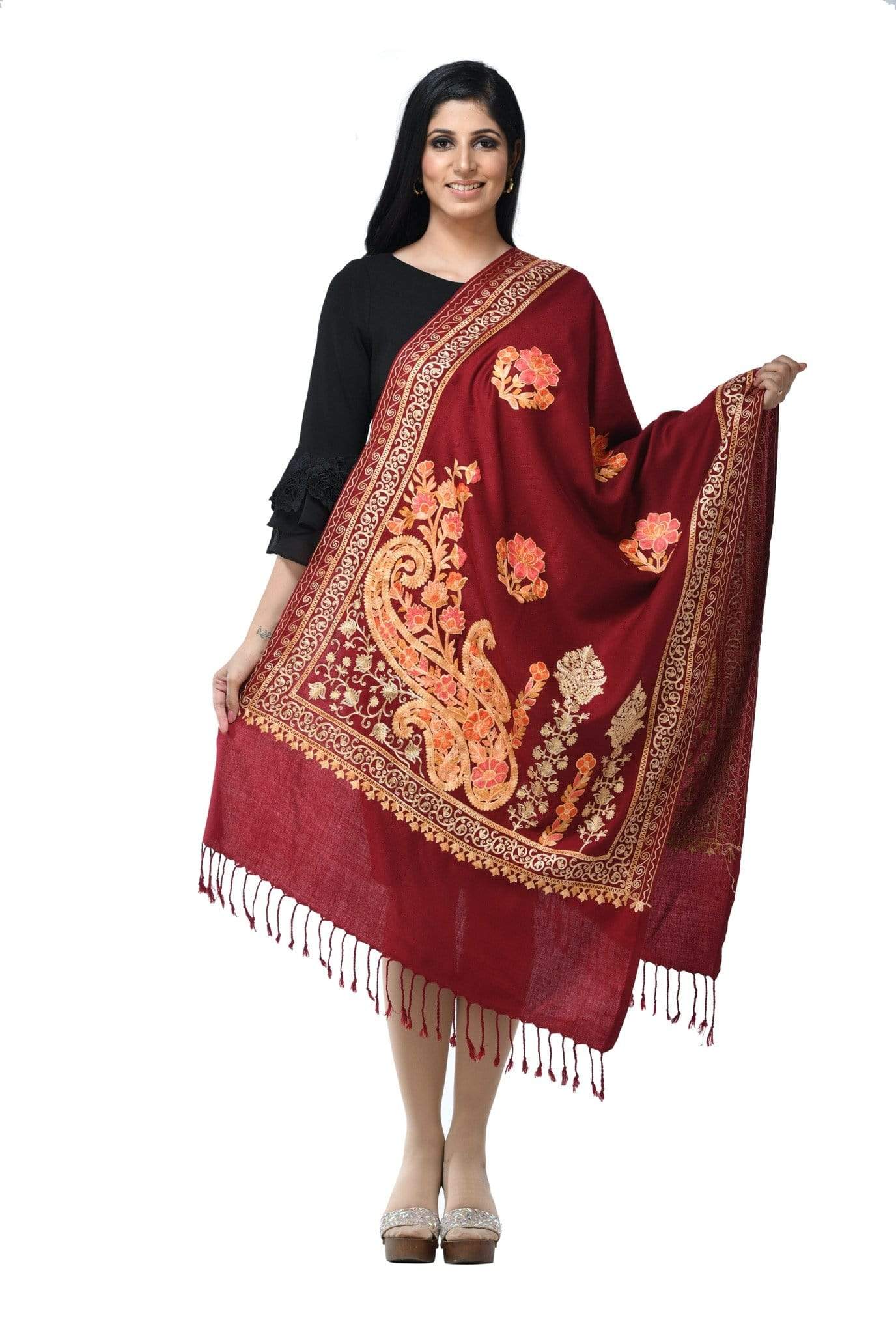 Pashwool 70x200 Pashwool, Womens Kashmiri Aari Embroidery Stole, Soft Bamboo