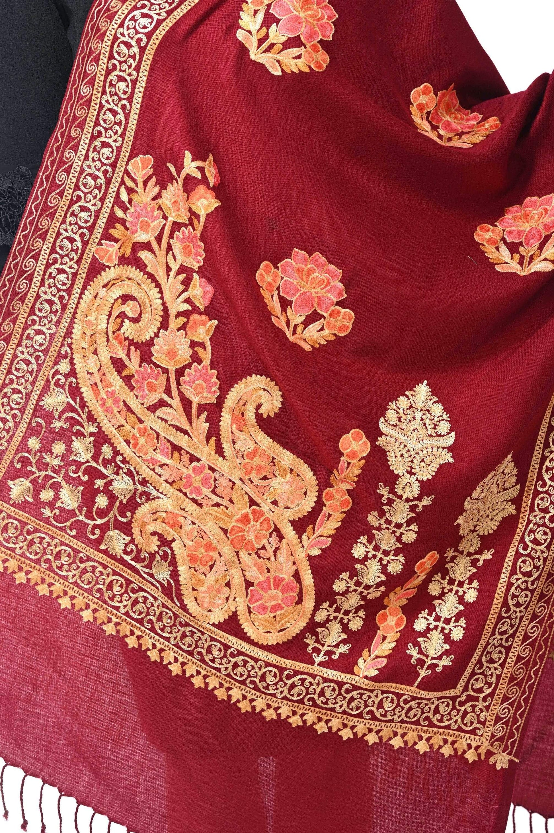 Pashwool 70x200 Pashwool, Womens Kashmiri Aari Embroidery Stole, Soft Bamboo