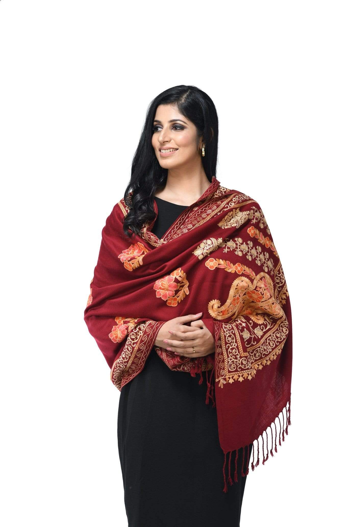 Pashwool 70x200 Pashwool, Womens Kashmiri Aari Embroidery Stole, Soft Bamboo