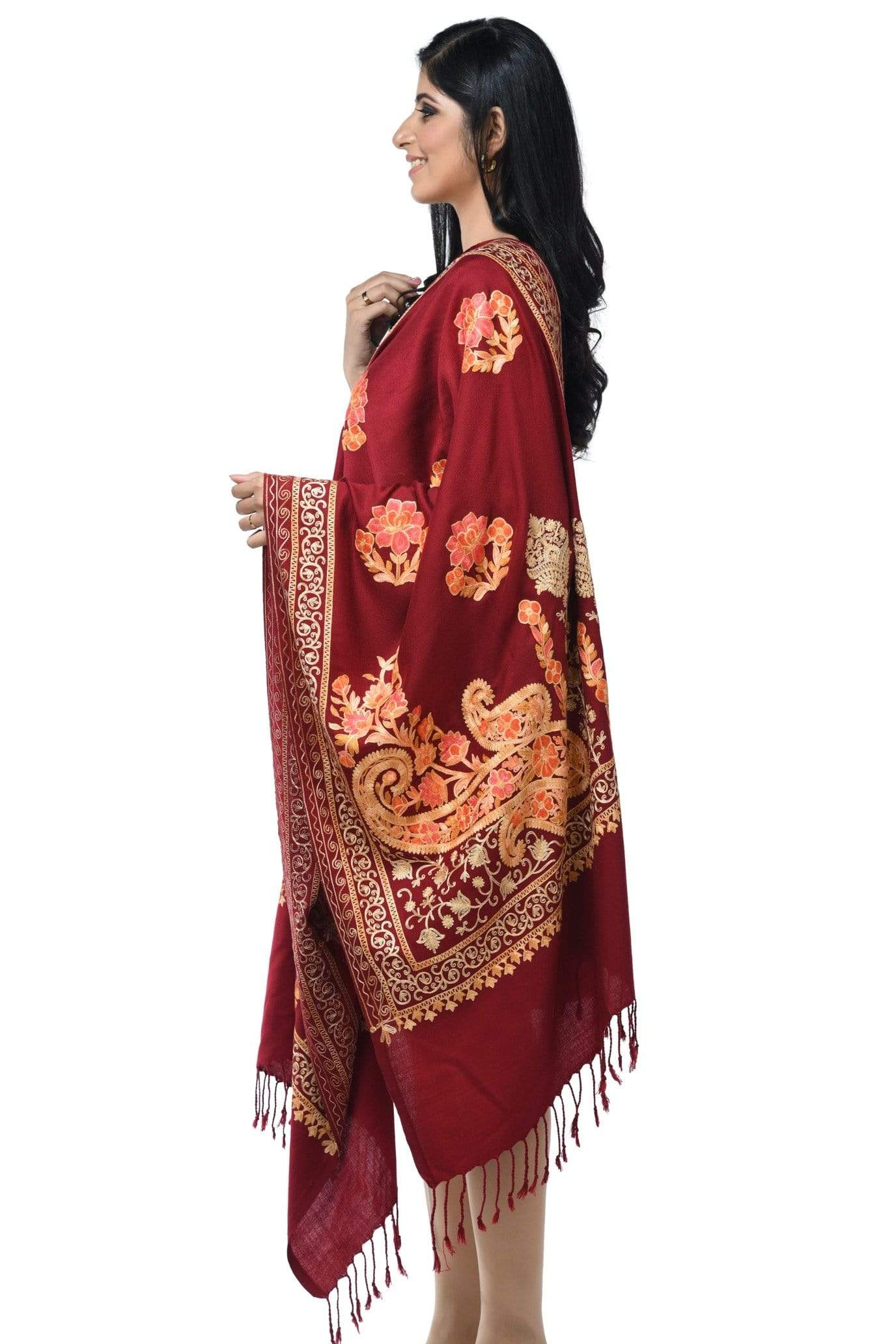 Pashwool 70x200 Pashwool, Womens Kashmiri Aari Embroidery Stole, Soft Bamboo