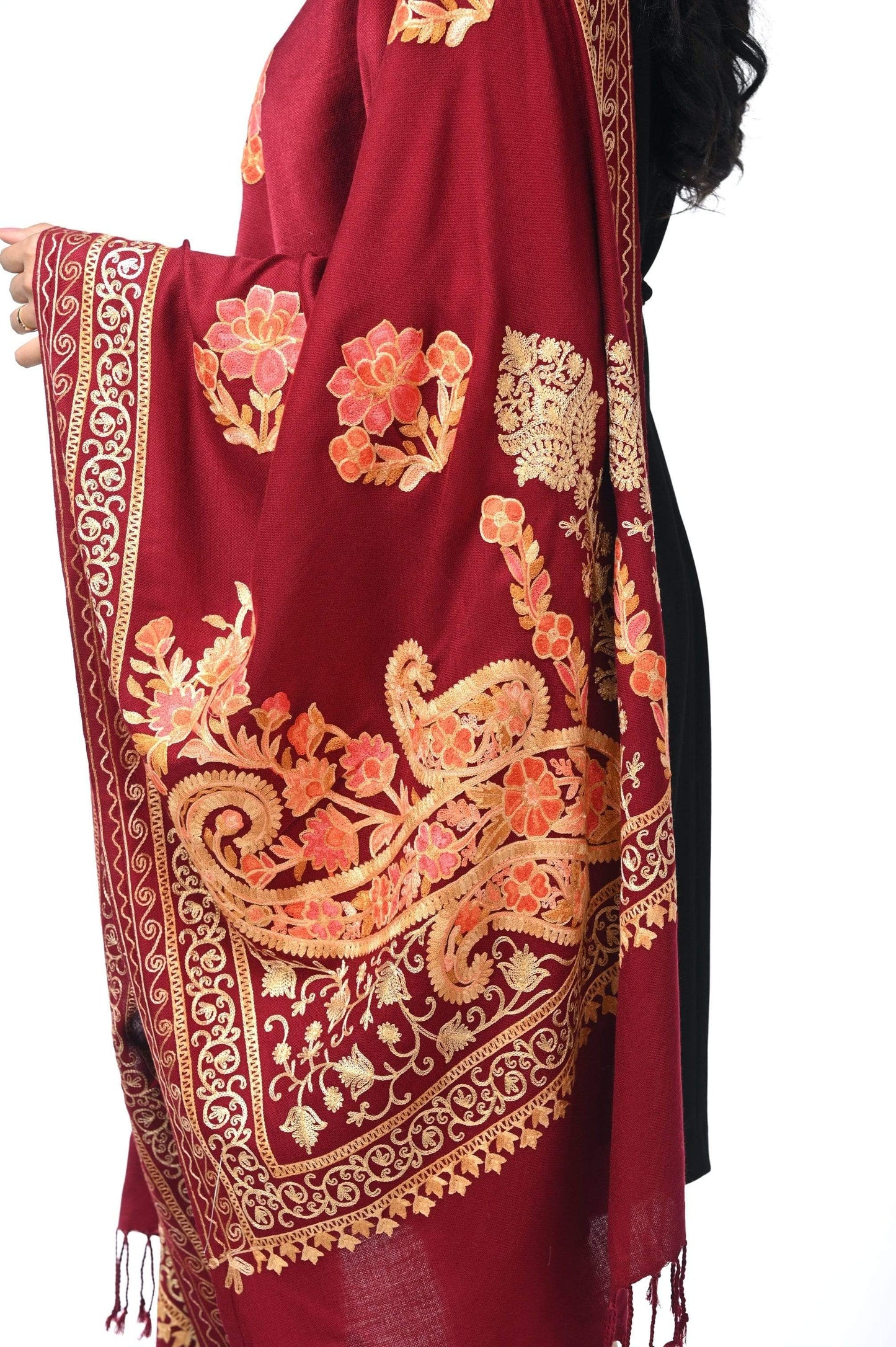 Pashwool 70x200 Pashwool, Womens Kashmiri Aari Embroidery Stole, Soft Bamboo