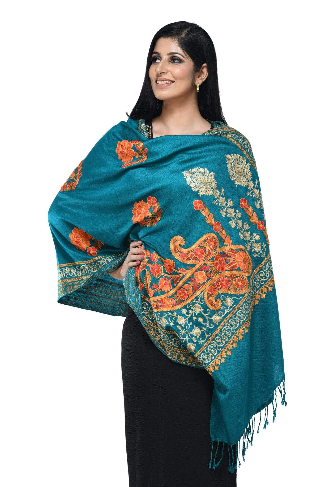 Pashwool 70x200 Pashwool, Womens Kashmiri Aari Embroidery Stole, Soft Bamboo