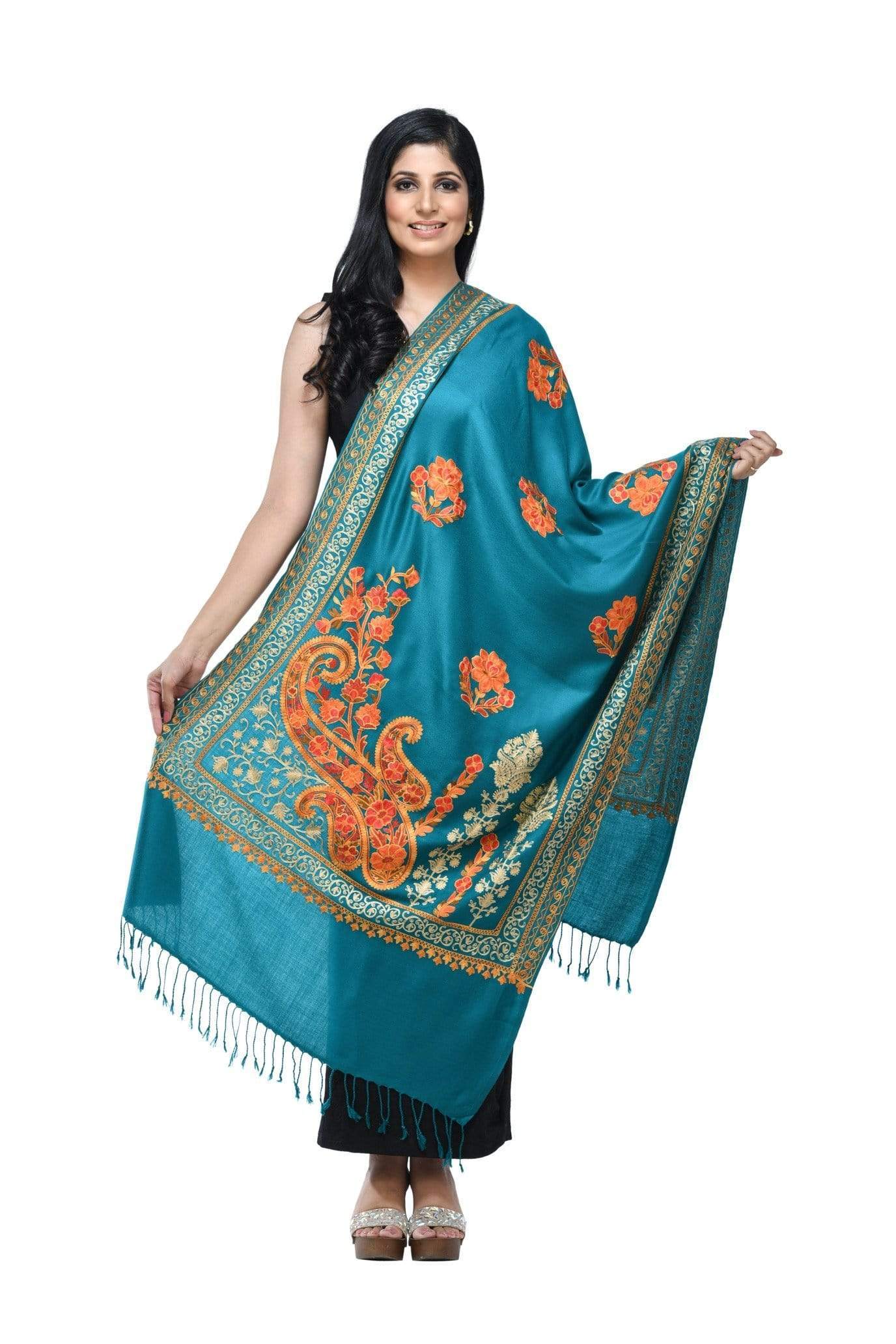 Pashwool 70x200 Pashwool, Womens Kashmiri Aari Embroidery Stole, Soft Bamboo
