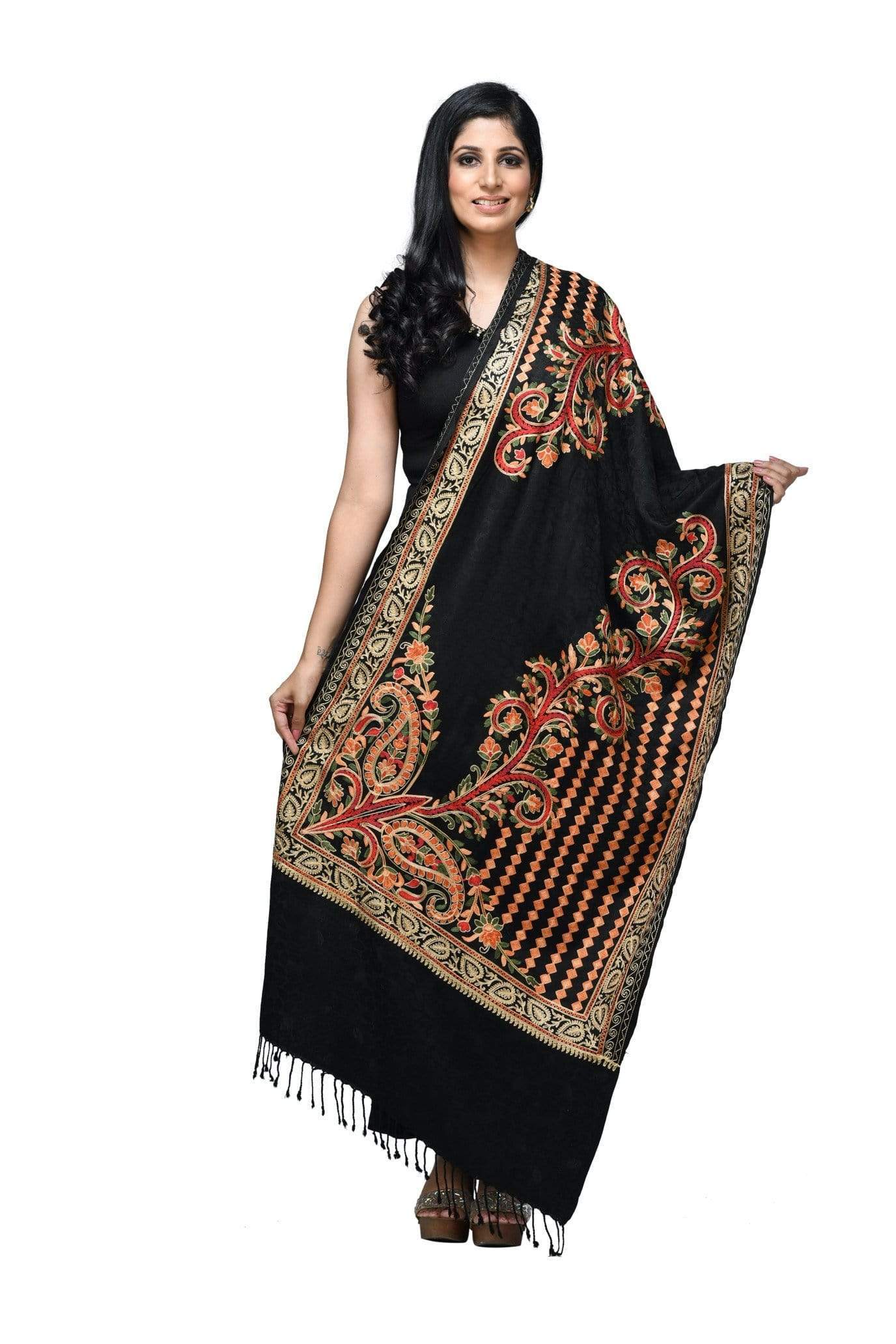 Pashwool 70x200 Pashwool, Womens Kashmiri Aari Embroidery Stole, Soft Bamboo