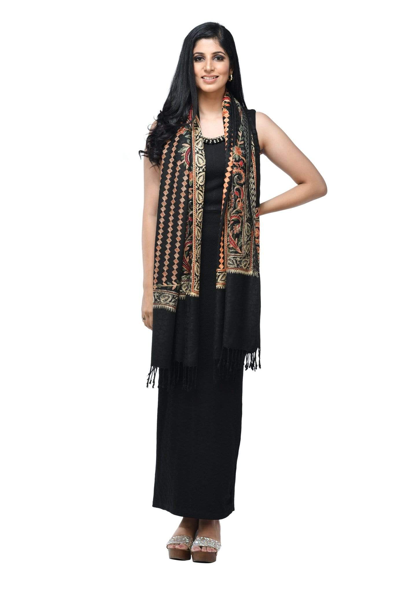 Pashwool 70x200 Pashwool, Womens Kashmiri Aari Embroidery Stole, Soft Bamboo