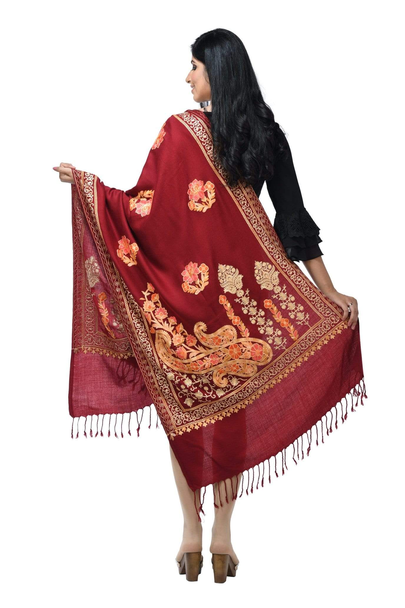 Pashwool 70x200 Pashwool, Womens Kashmiri Aari Embroidery Stole, Soft Bamboo