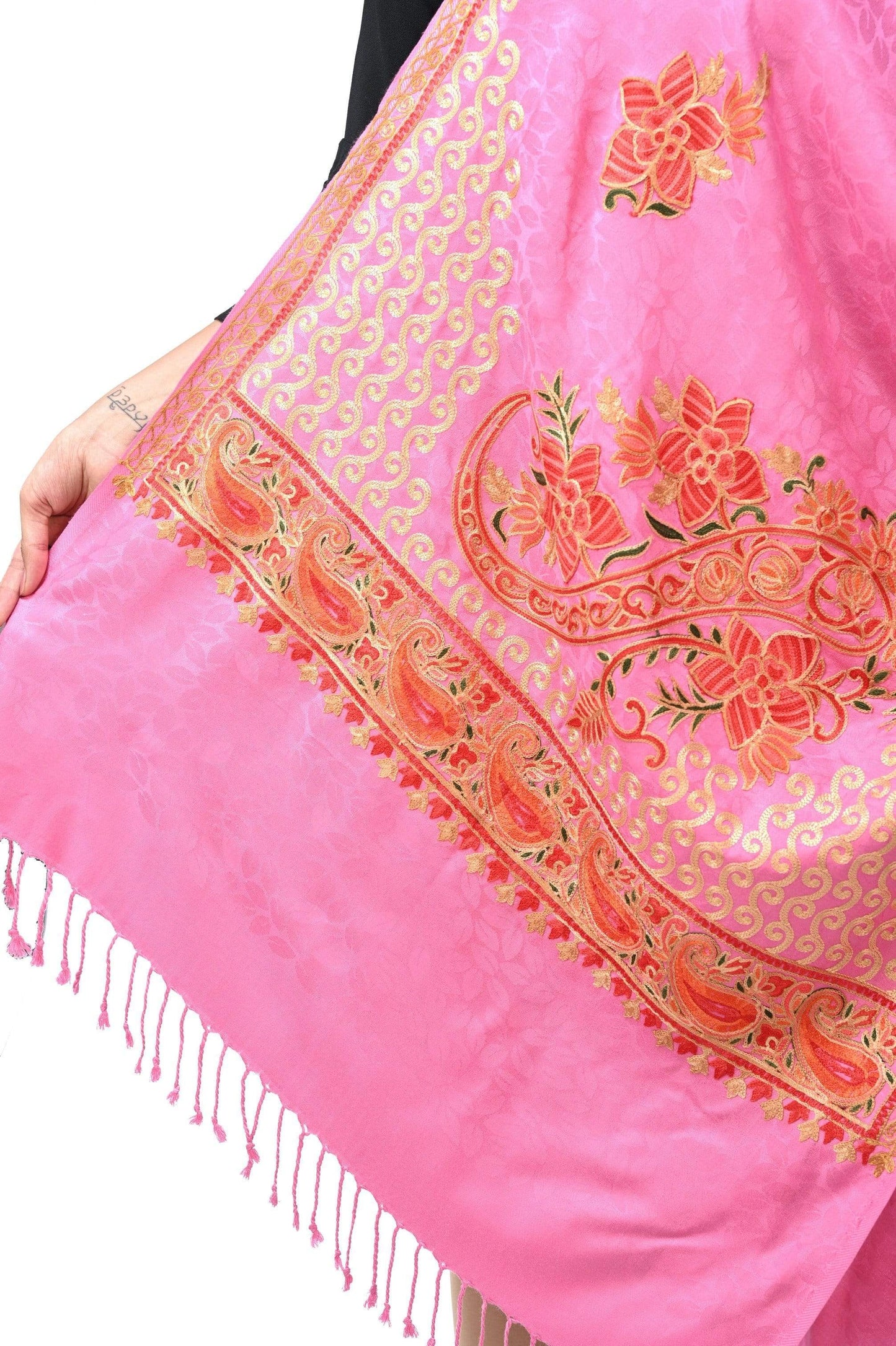 Pashwool 70x200 Pashwool, Womens Kashmiri Aari Embroidery Stole, Soft Bamboo