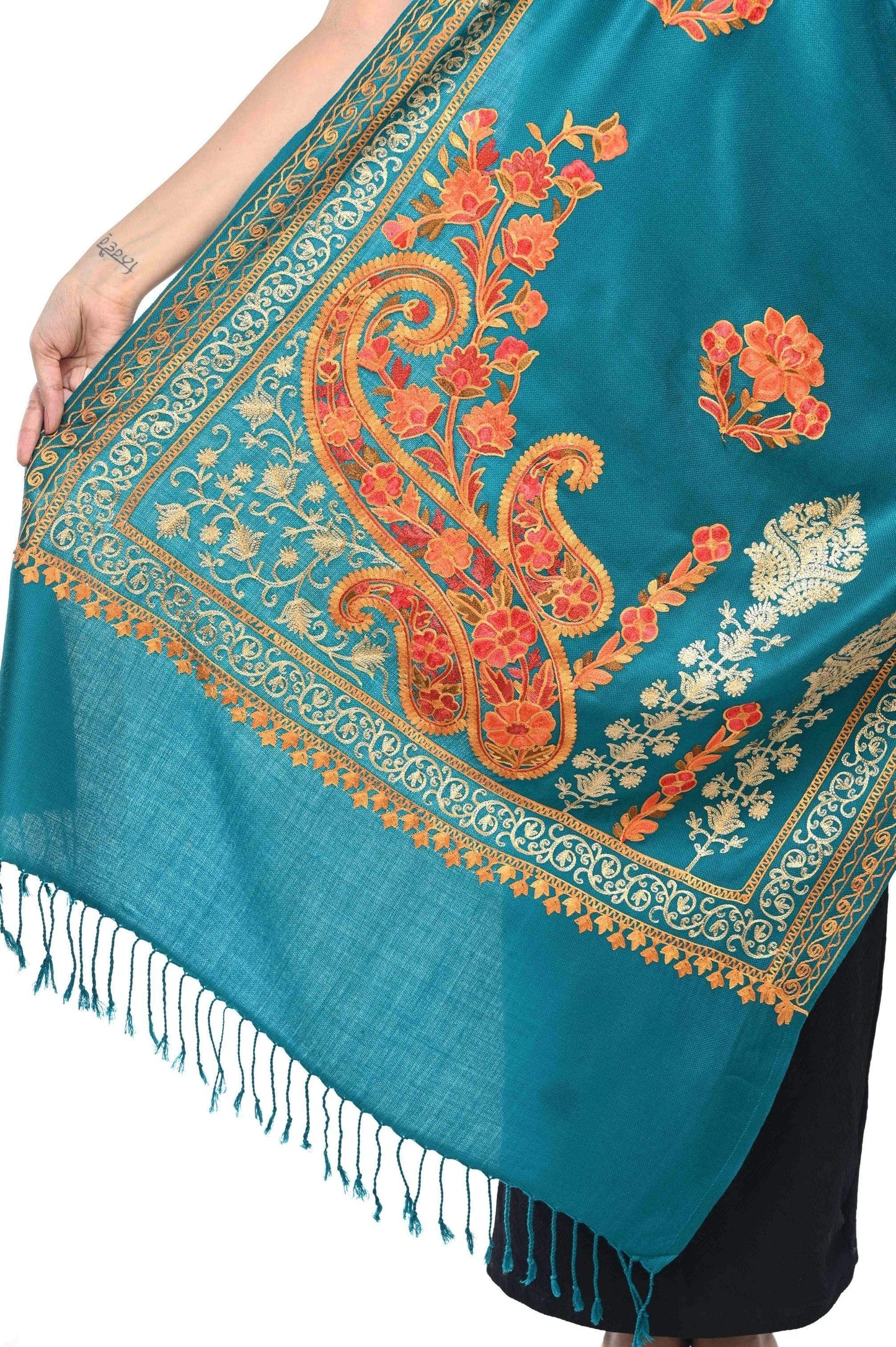 Pashwool 70x200 Pashwool, Womens Kashmiri Aari Embroidery Stole, Soft Bamboo