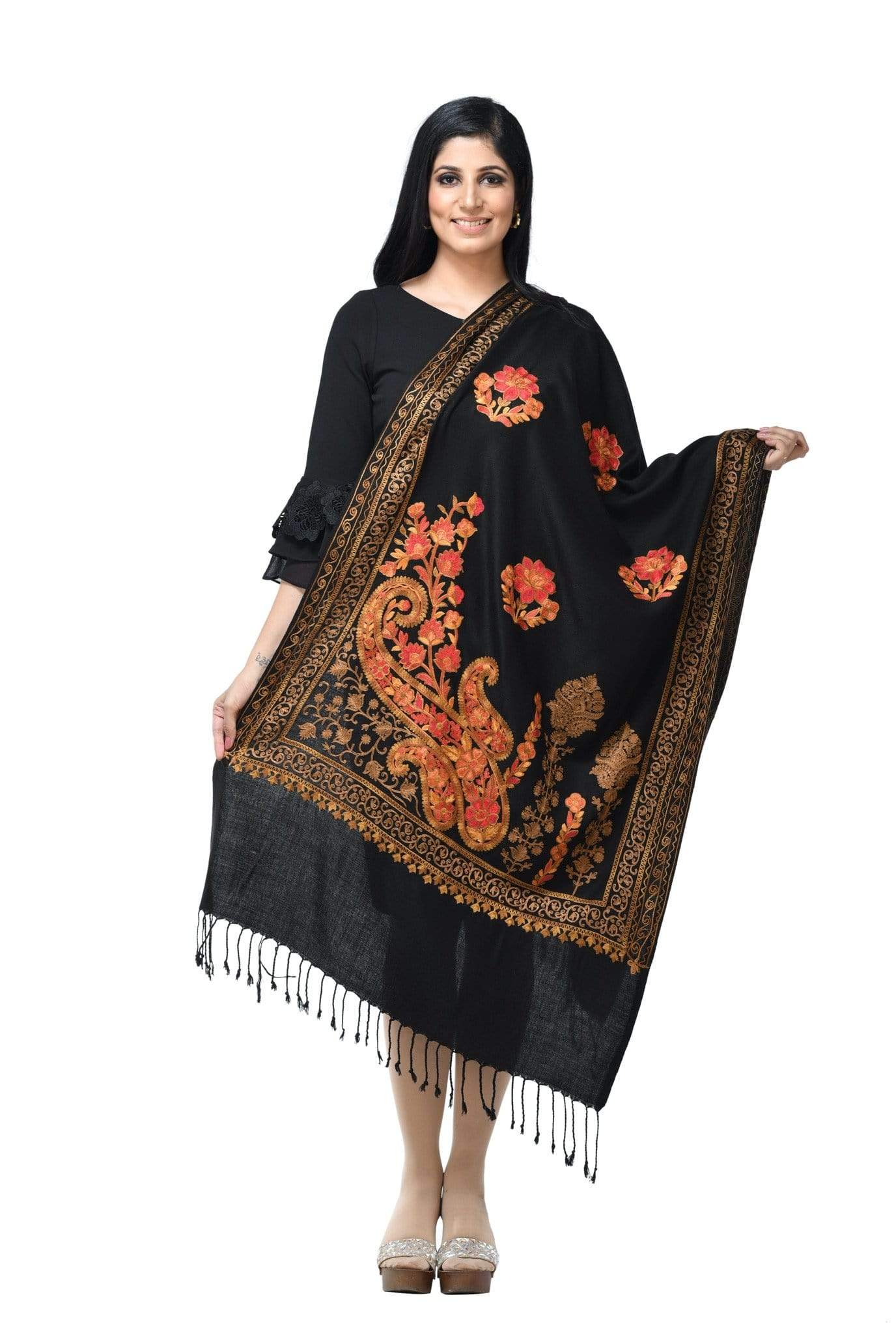 Pashwool 70x200 Pashwool, Womens Kashmiri Aari Embroidery Stole, Soft Bamboo, Black