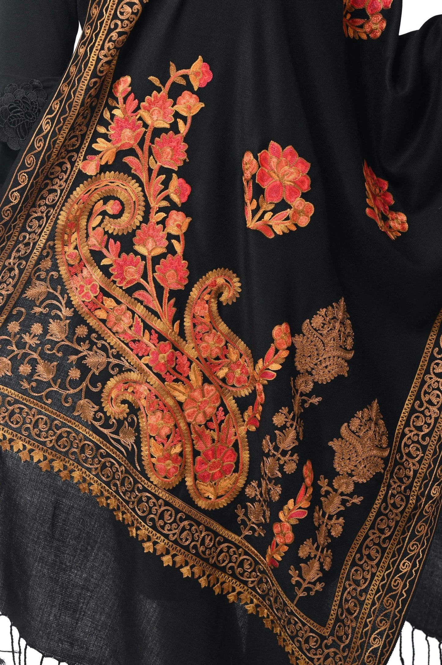 Pashwool 70x200 Pashwool, Womens Kashmiri Aari Embroidery Stole, Soft Bamboo, Black