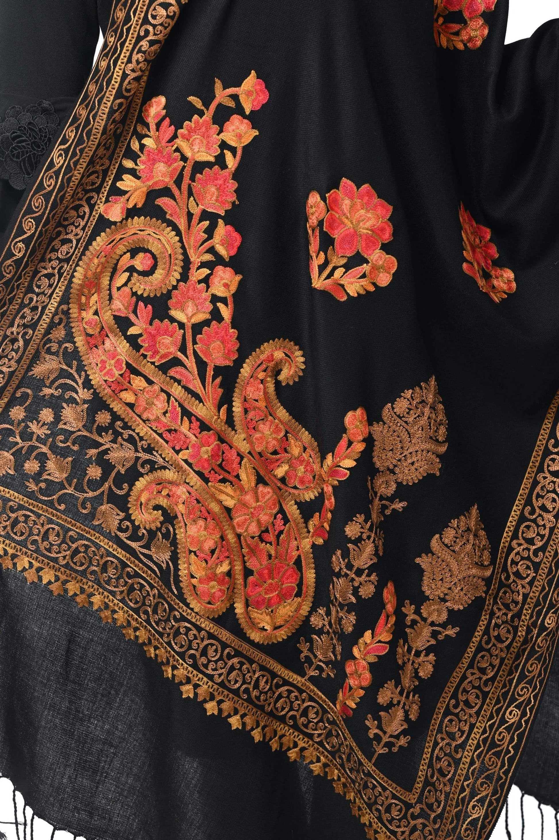 Pashwool 70x200 Pashwool, Womens Kashmiri Aari Embroidery Stole, Soft Bamboo, Black