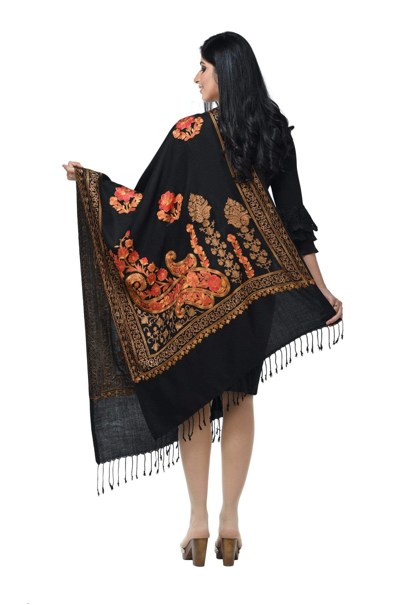 Pashwool 70x200 Pashwool, Womens Kashmiri Aari Embroidery Stole, Soft Bamboo, Black