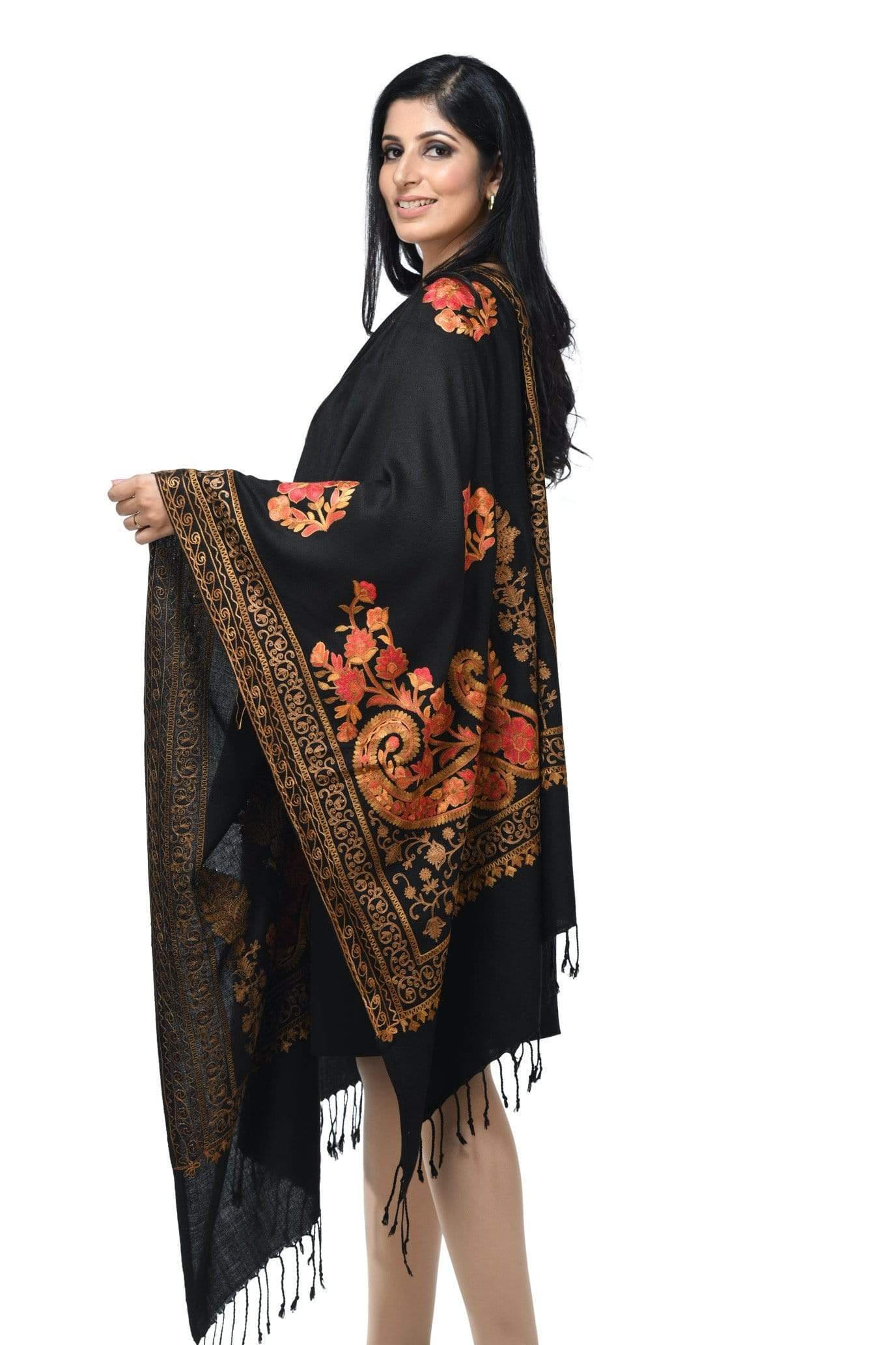 Pashwool 70x200 Pashwool, Womens Kashmiri Aari Embroidery Stole, Soft Bamboo, Black