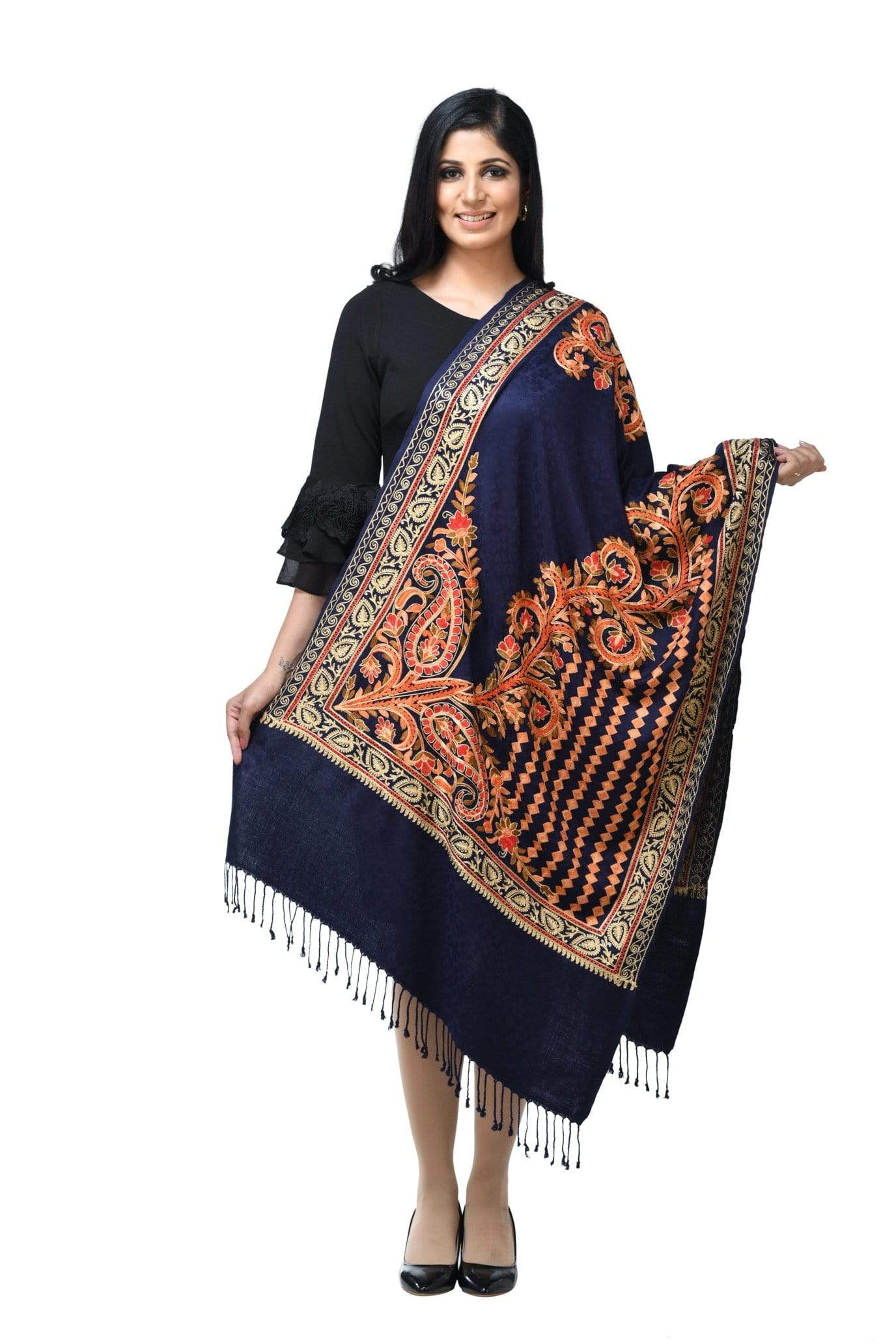 Pashwool 70x200 Pashwool, Womens Kashmiri Aari Embroidery Stole, Soft Bamboo, Blue