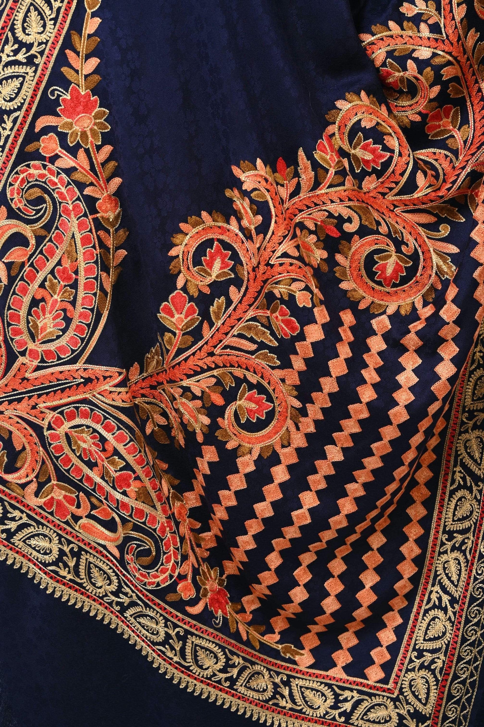Pashwool 70x200 Pashwool, Womens Kashmiri Aari Embroidery Stole, Soft Bamboo, Blue