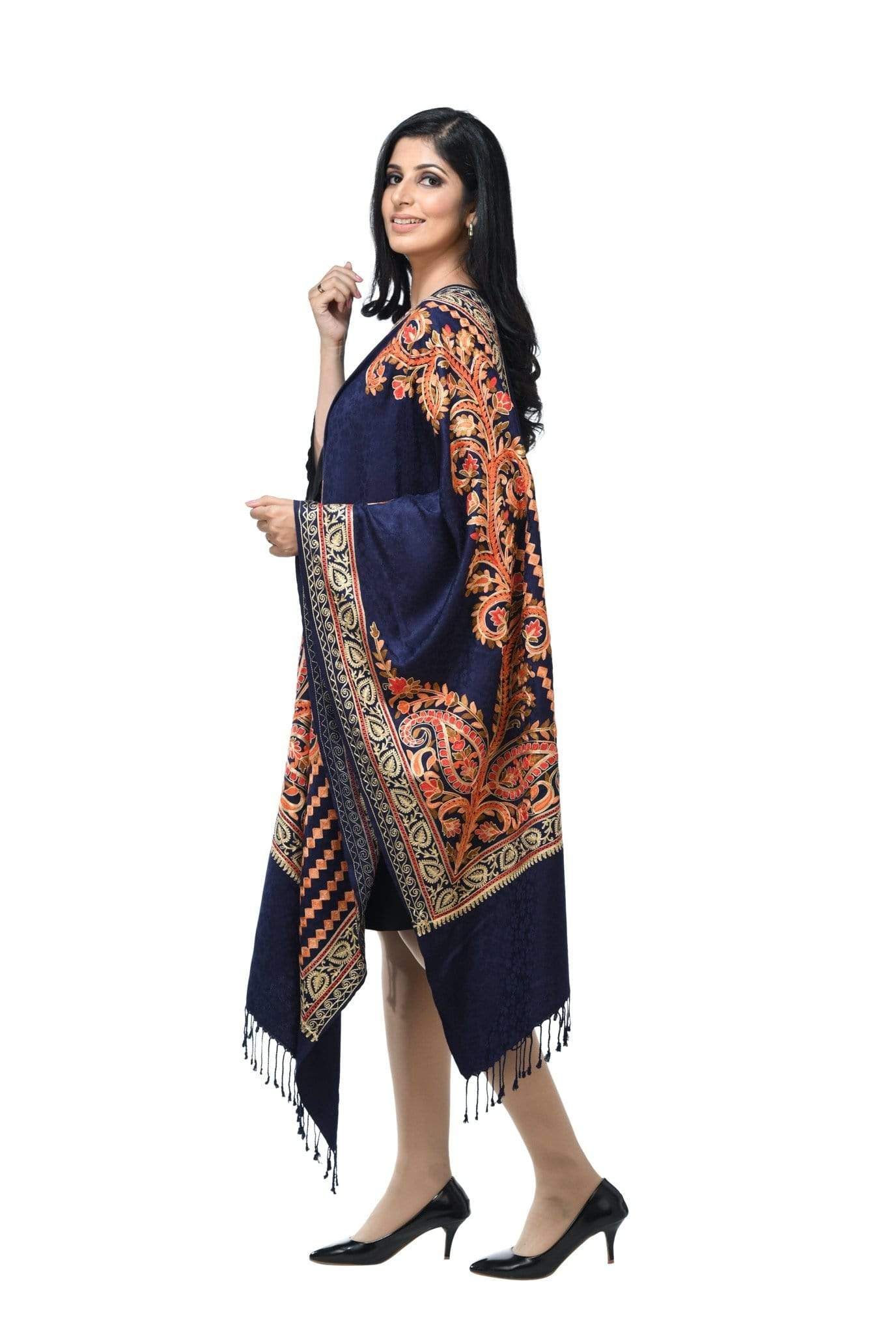 Pashwool 70x200 Pashwool, Womens Kashmiri Aari Embroidery Stole, Soft Bamboo, Blue