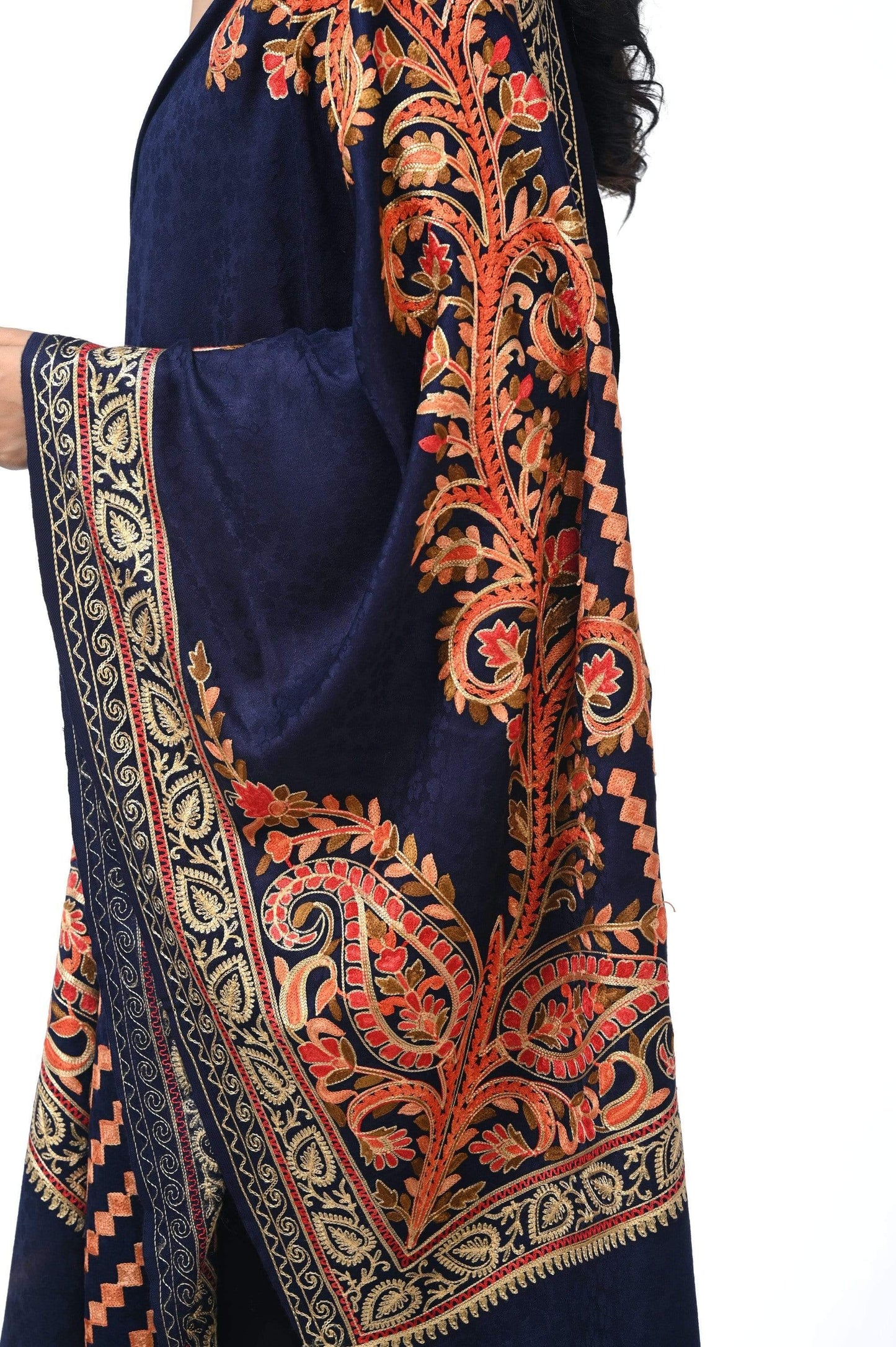 Pashwool 70x200 Pashwool, Womens Kashmiri Aari Embroidery Stole, Soft Bamboo, Blue
