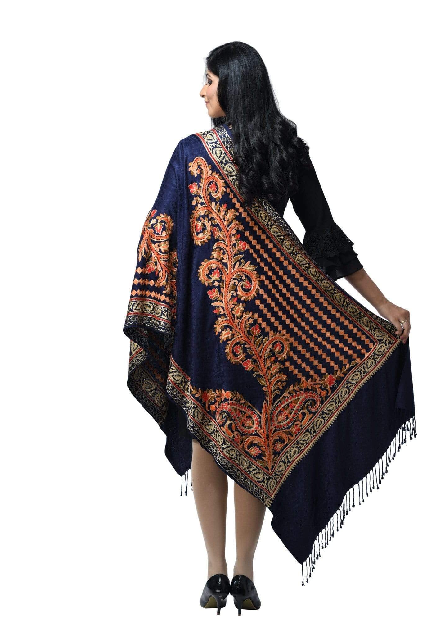 Pashwool 70x200 Pashwool, Womens Kashmiri Aari Embroidery Stole, Soft Bamboo, Blue