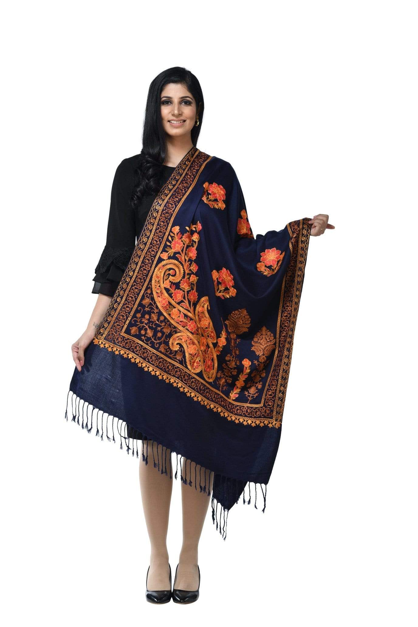 Pashwool 70x200 Pashwool, Womens Kashmiri Aari Embroidery Stole, Soft Bamboo, Navy Blue