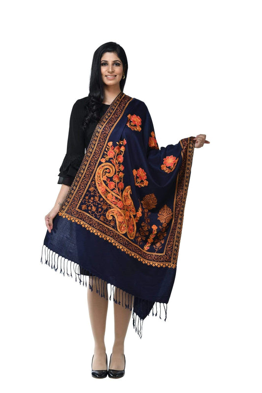 Pashwool 70x200 Pashwool, Womens Kashmiri Aari Embroidery Stole, Soft Bamboo, Navy Blue
