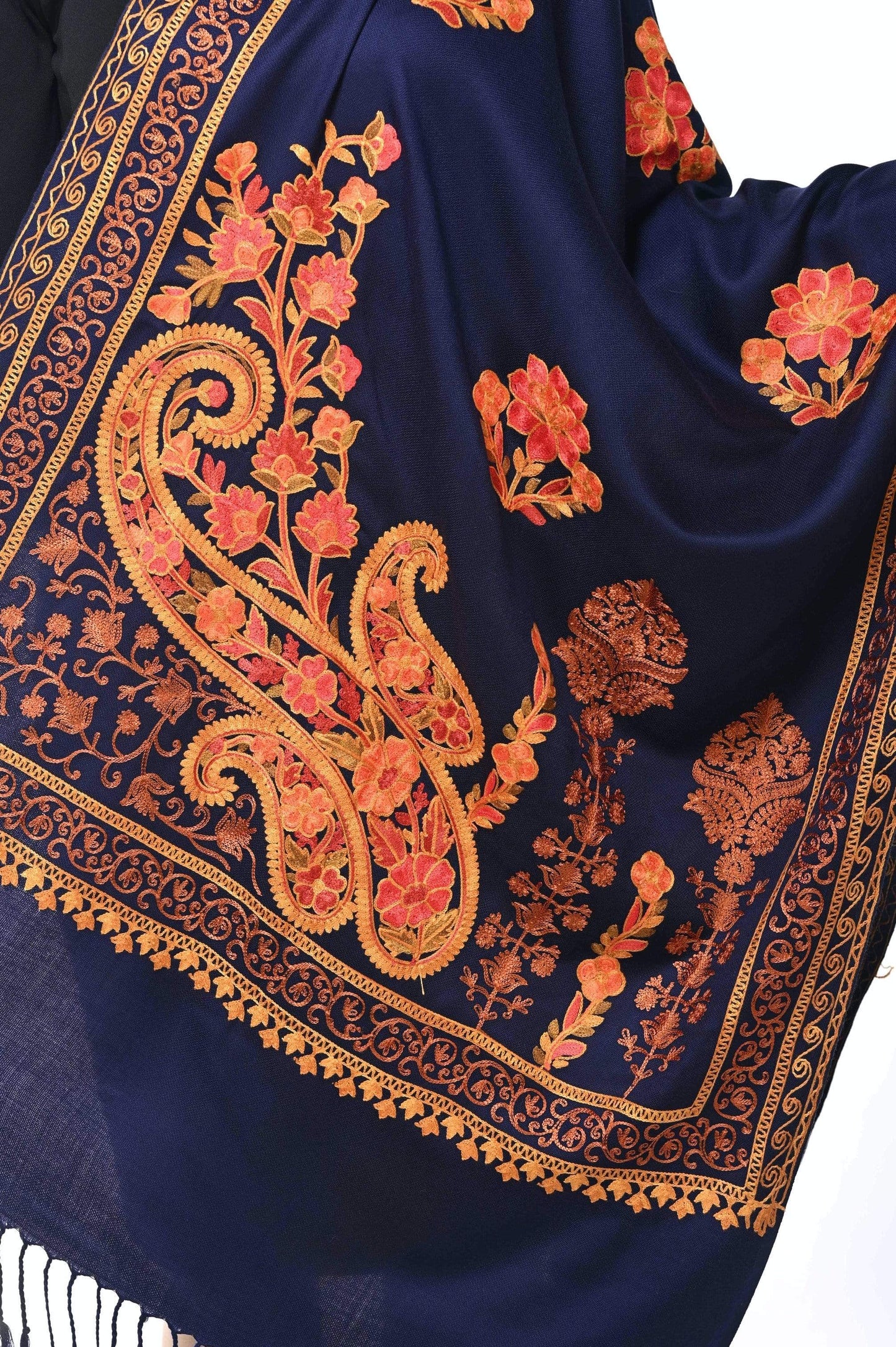 Pashwool 70x200 Pashwool, Womens Kashmiri Aari Embroidery Stole, Soft Bamboo, Navy Blue