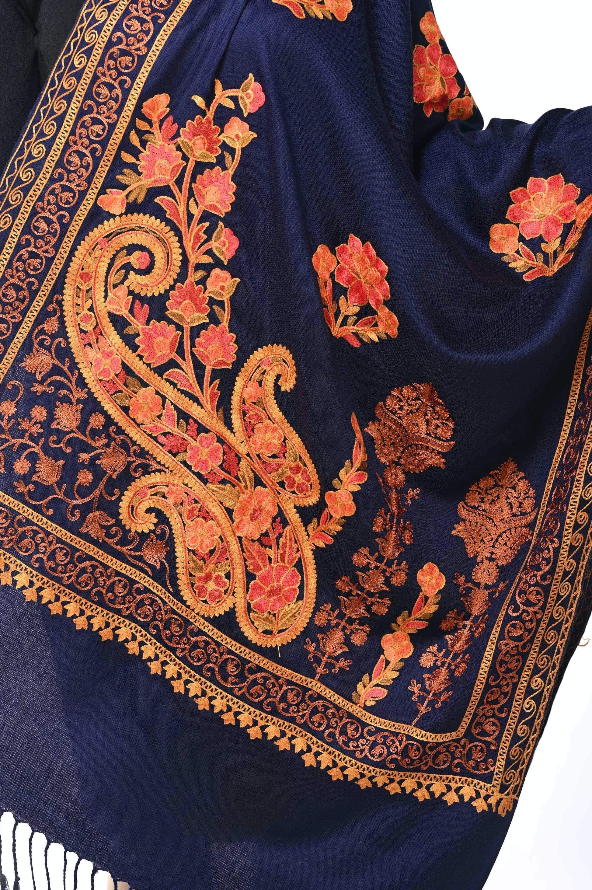 Pashwool 70x200 Pashwool, Womens Kashmiri Aari Embroidery Stole, Soft Bamboo, Navy Blue