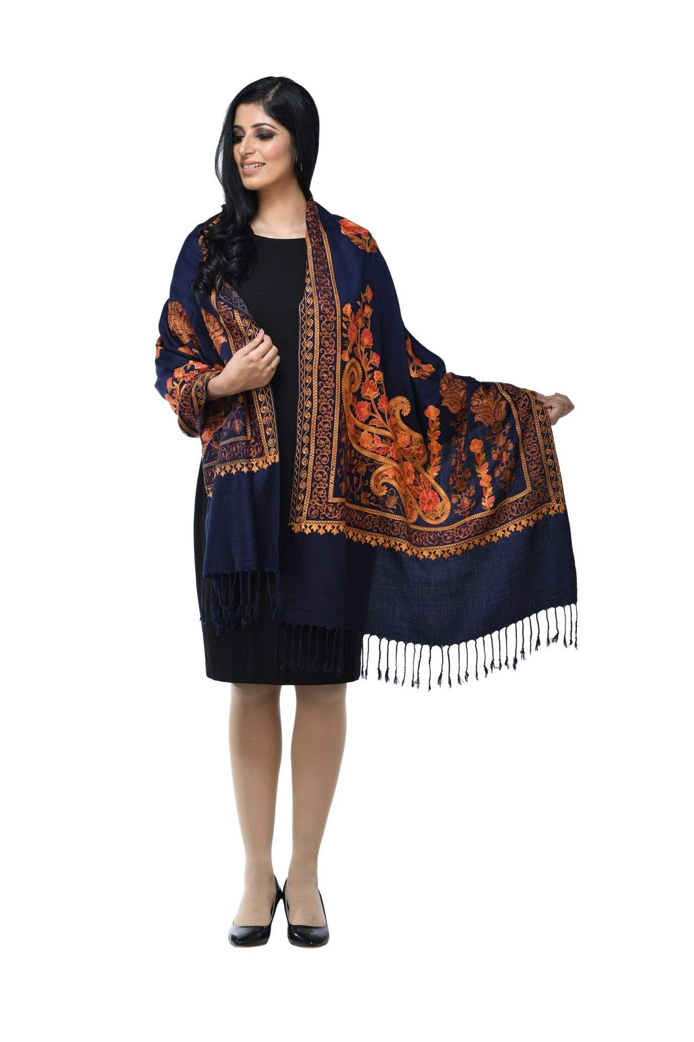 Pashwool 70x200 Pashwool, Womens Kashmiri Aari Embroidery Stole, Soft Bamboo, Navy Blue
