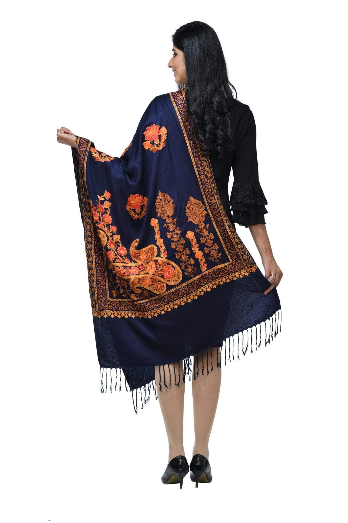 Pashwool 70x200 Pashwool, Womens Kashmiri Aari Embroidery Stole, Soft Bamboo, Navy Blue
