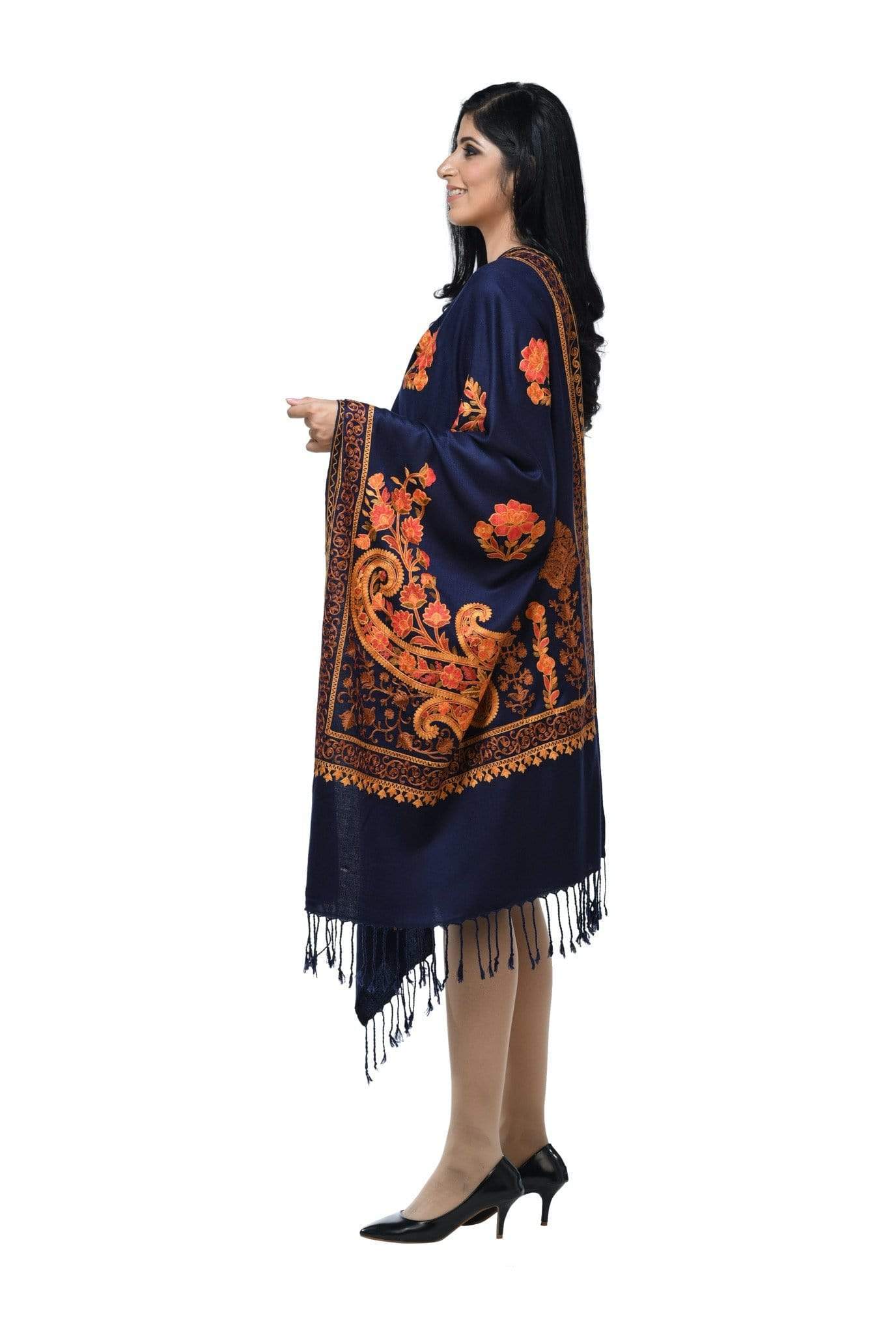 Pashwool 70x200 Pashwool, Womens Kashmiri Aari Embroidery Stole, Soft Bamboo, Navy Blue