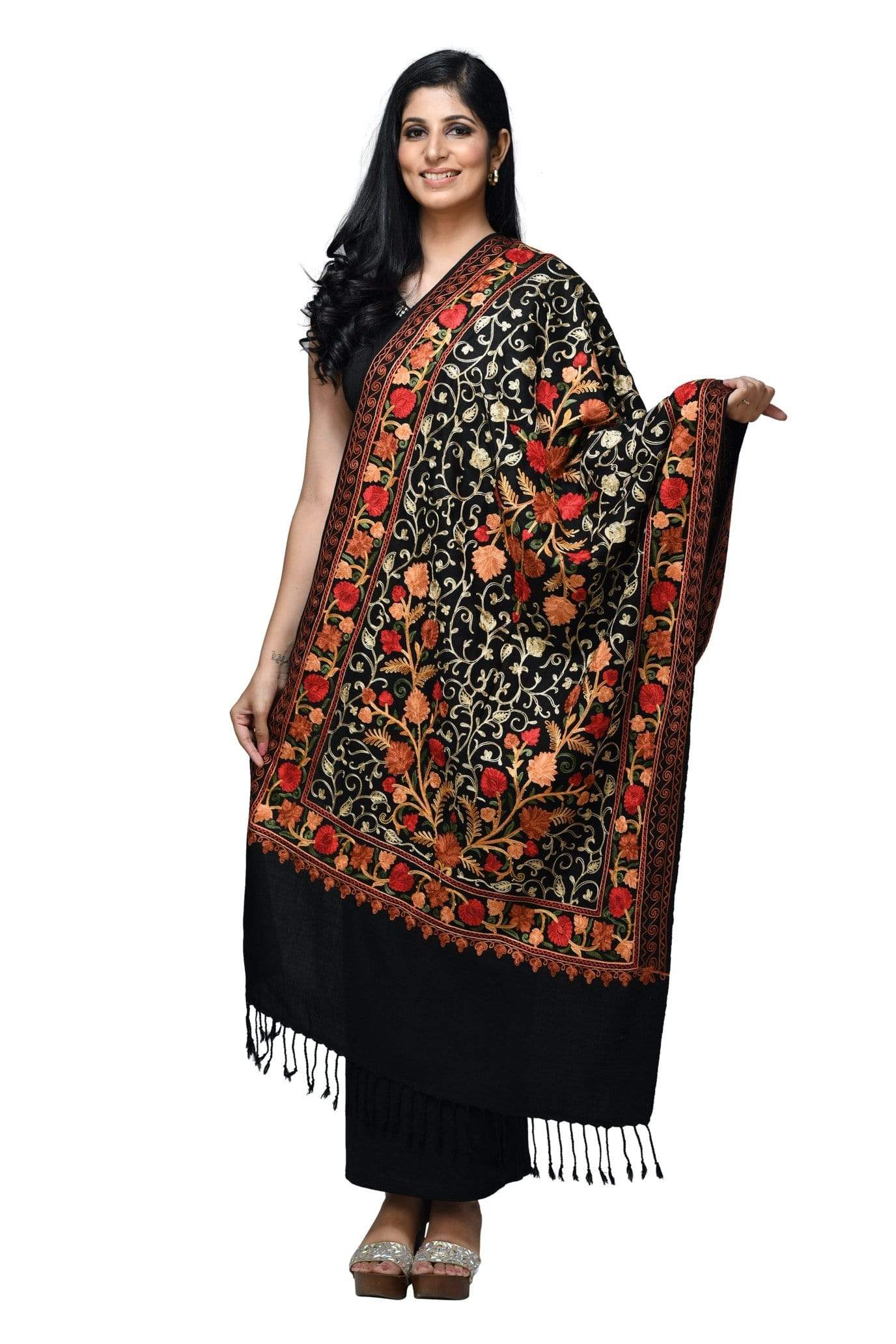 Pashwool 70x200 Pashwool Womens Kashmiri Embroidery Stole, Soft and Warm, Woollen Stole, Black