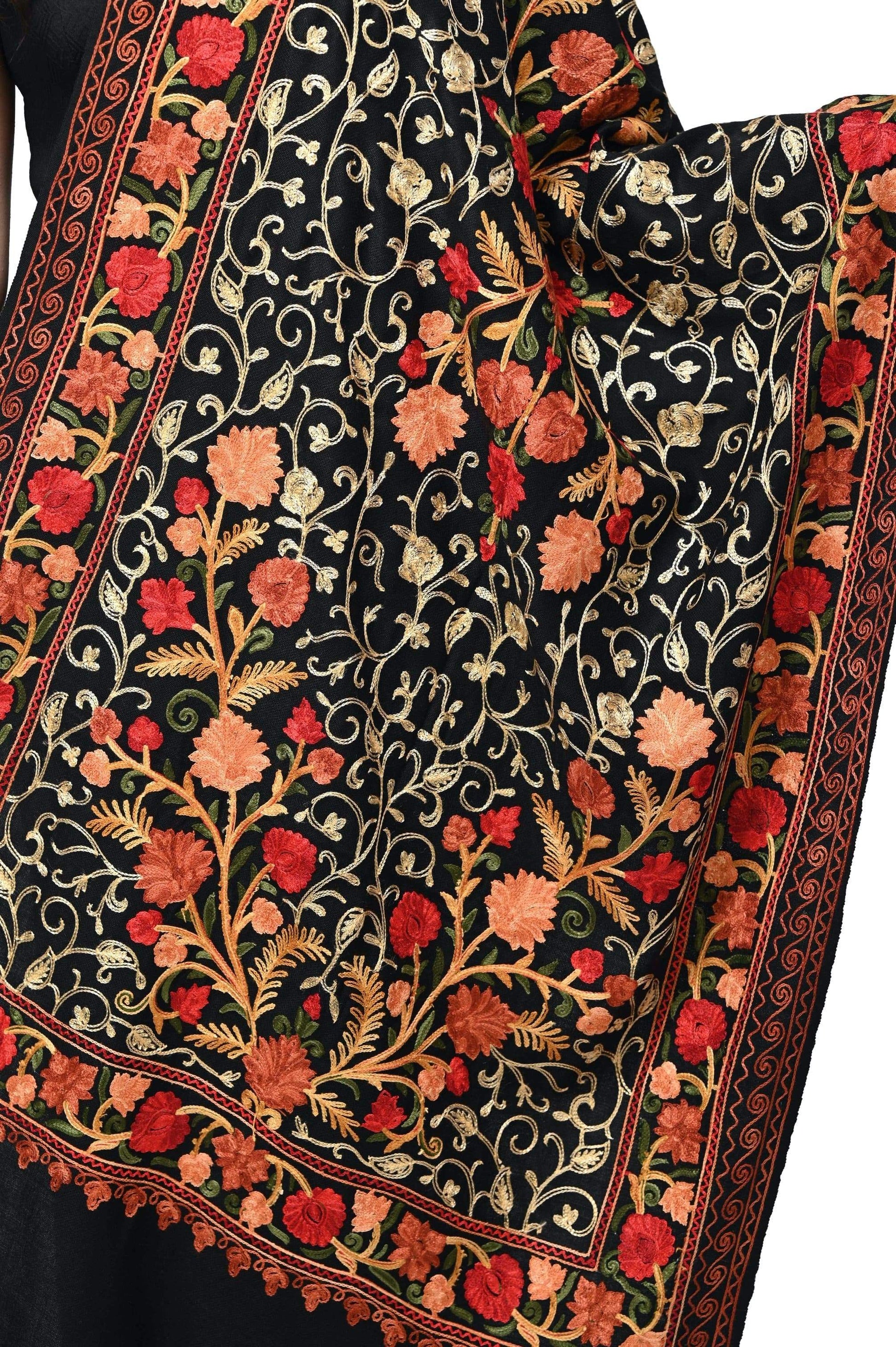Pashwool 70x200 Pashwool Womens Kashmiri Embroidery Stole, Soft and Warm, Woollen Stole, Black