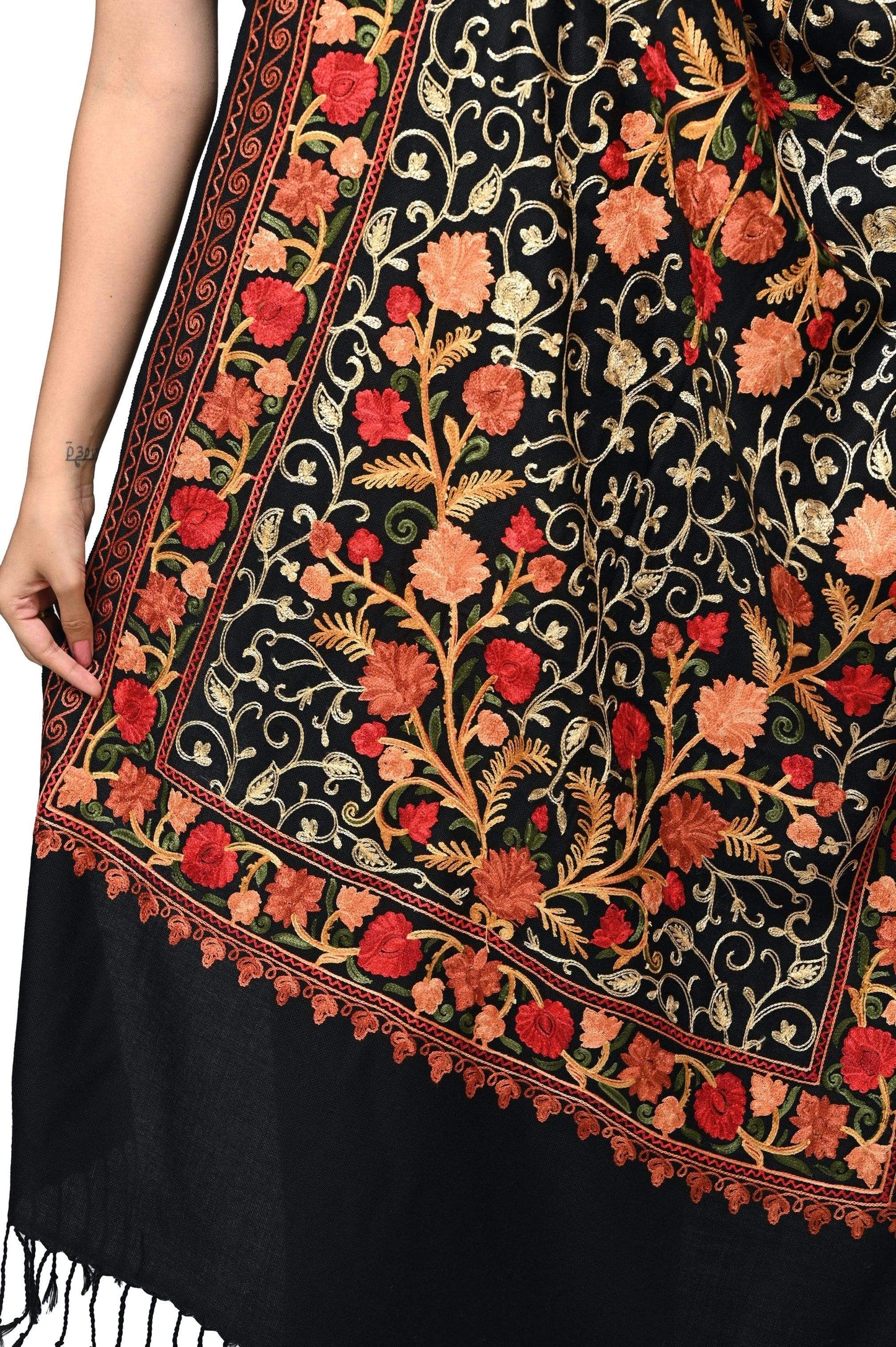 Pashwool 70x200 Pashwool Womens Kashmiri Embroidery Stole, Soft and Warm, Woollen Stole, Black