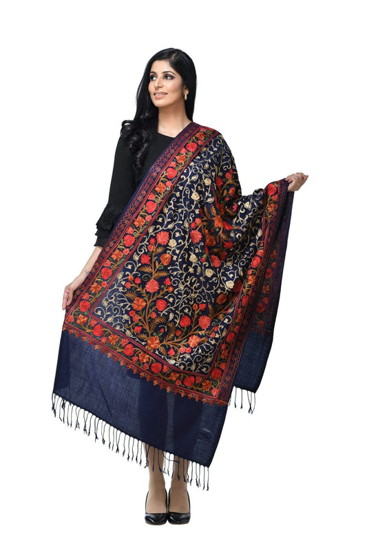 Pashwool 70x200 Pashwool Womens Kashmiri Embroidery Stole, Soft and Warm, Woollen Stole, Blue