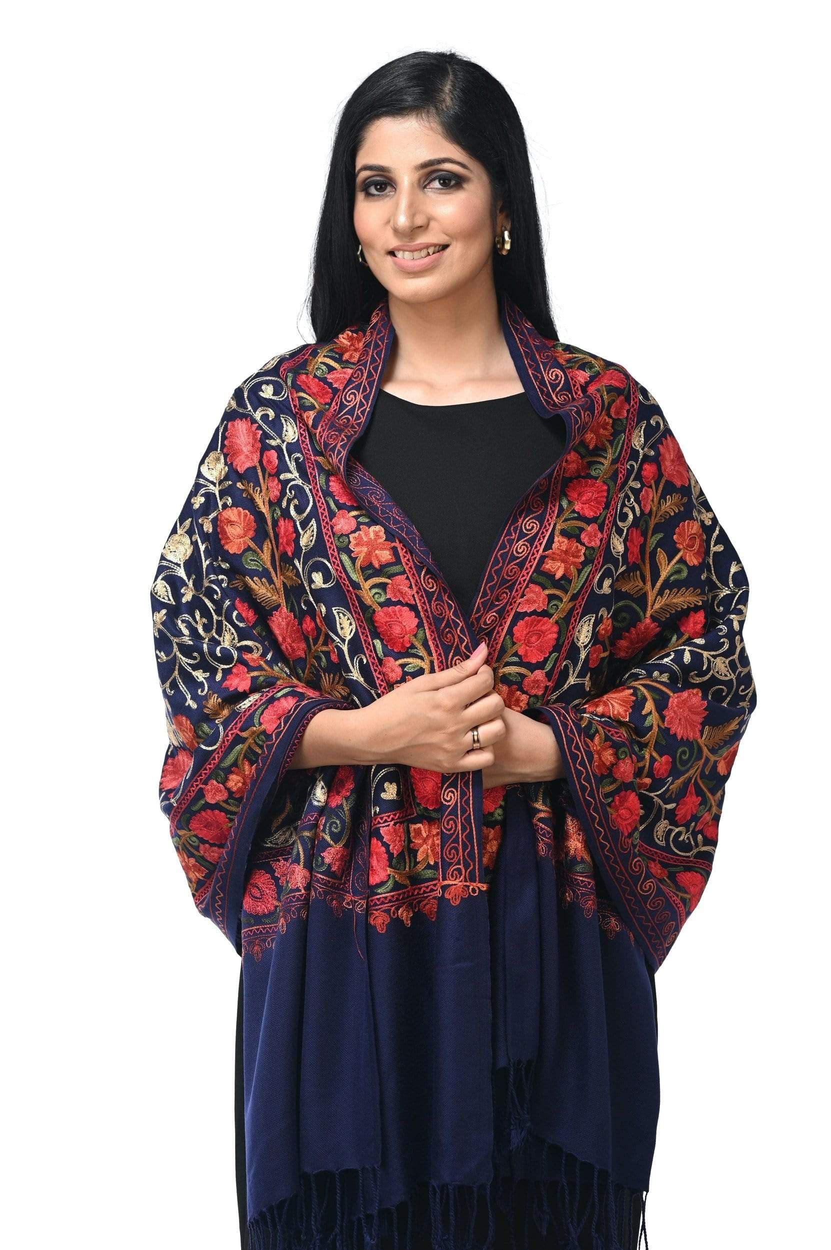 Pashwool 70x200 Pashwool Womens Kashmiri Embroidery Stole, Soft and Warm, Woollen Stole, Blue
