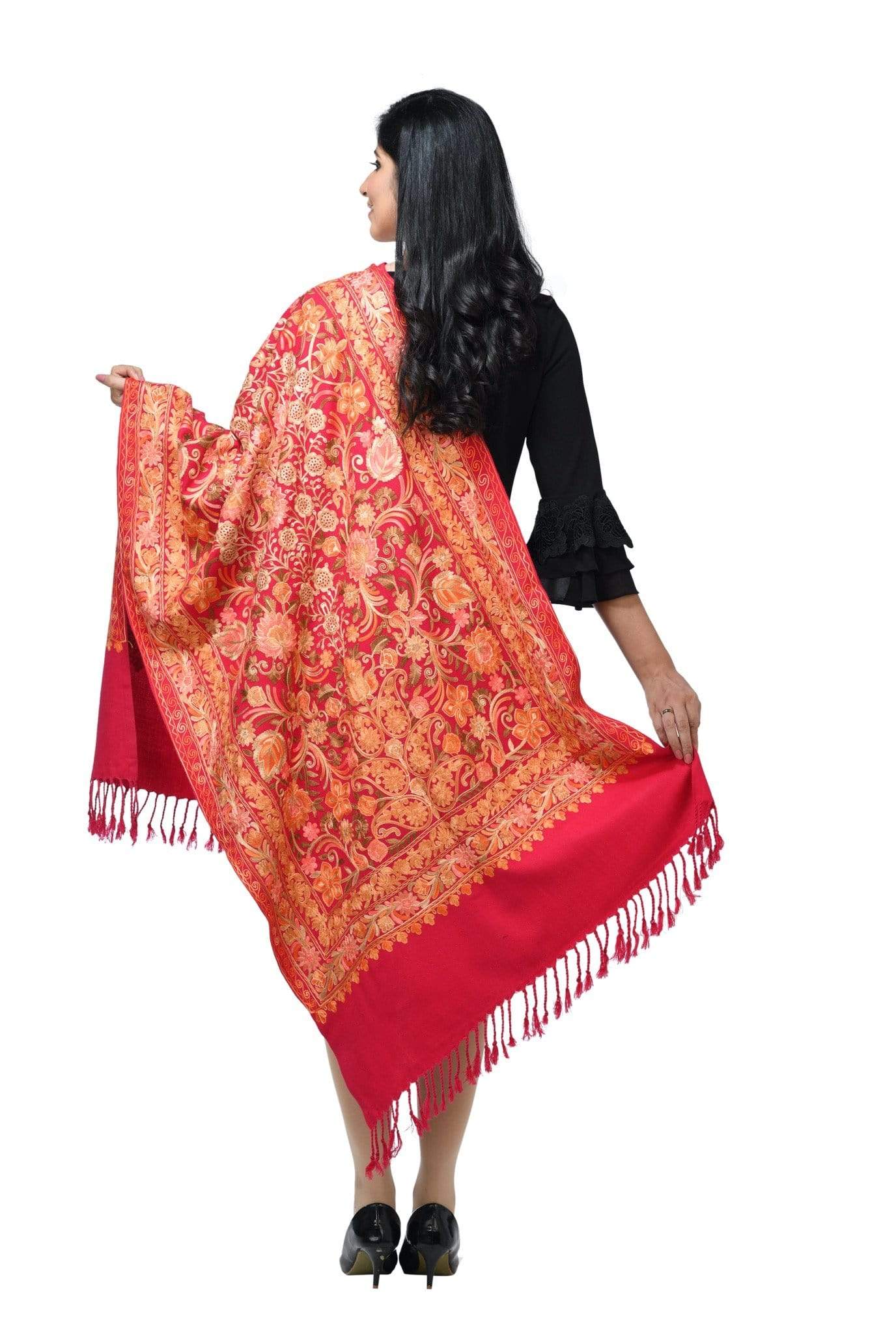 Pashwool 70x200 Pashwool Womens Kashmiri Embroidery Stole, Woollen Stole, Pink, Soft and Warm
