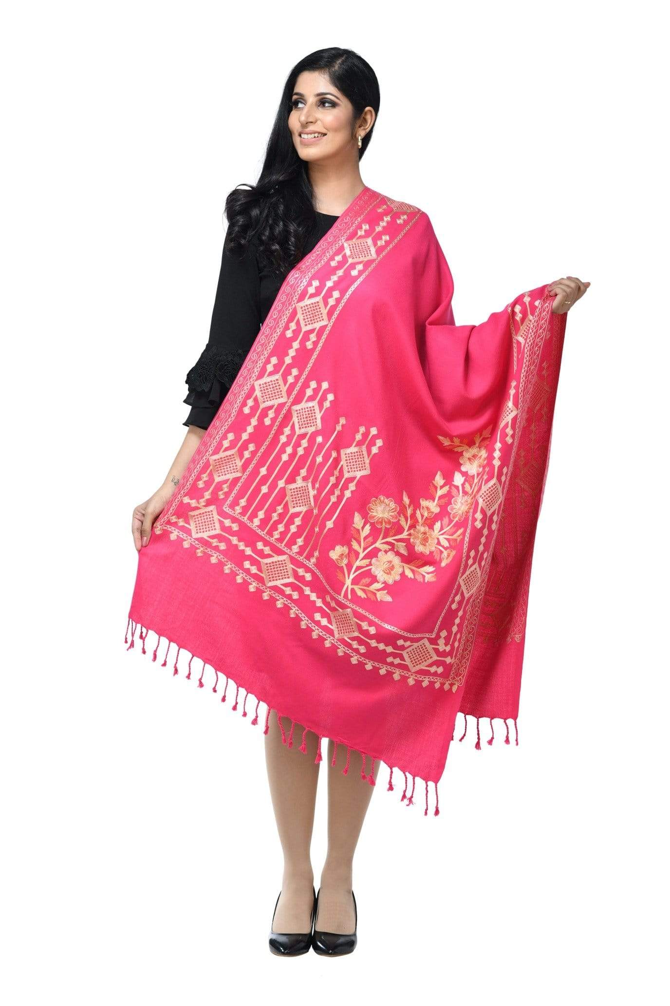 Pashwool 70x200 Pashwool Womens Kashmiri Embroidery Stole, Woollen Stole, Soft and Warm, Pink