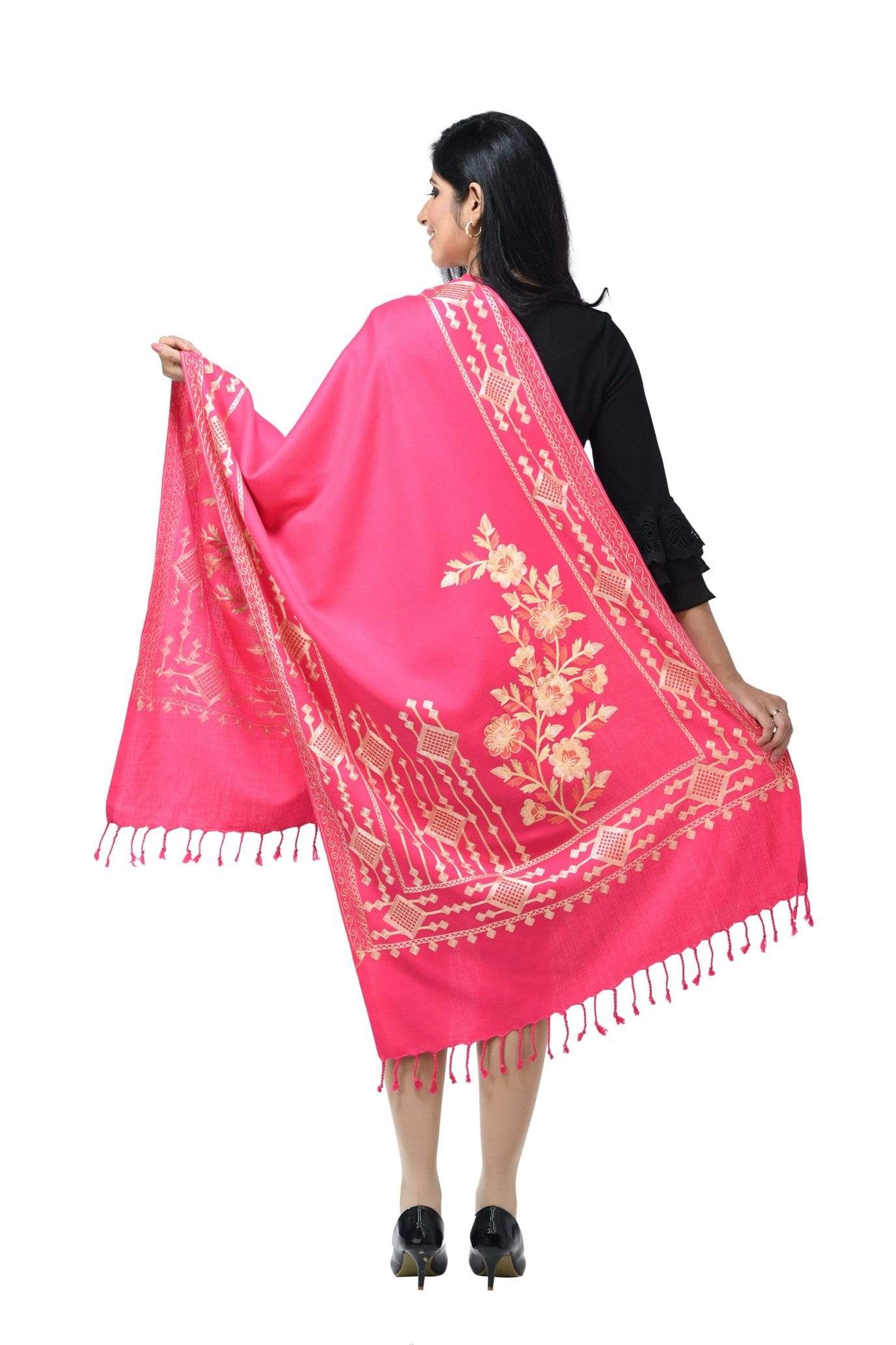 Pashwool 70x200 Pashwool Womens Kashmiri Embroidery Stole, Woollen Stole, Soft and Warm, Pink