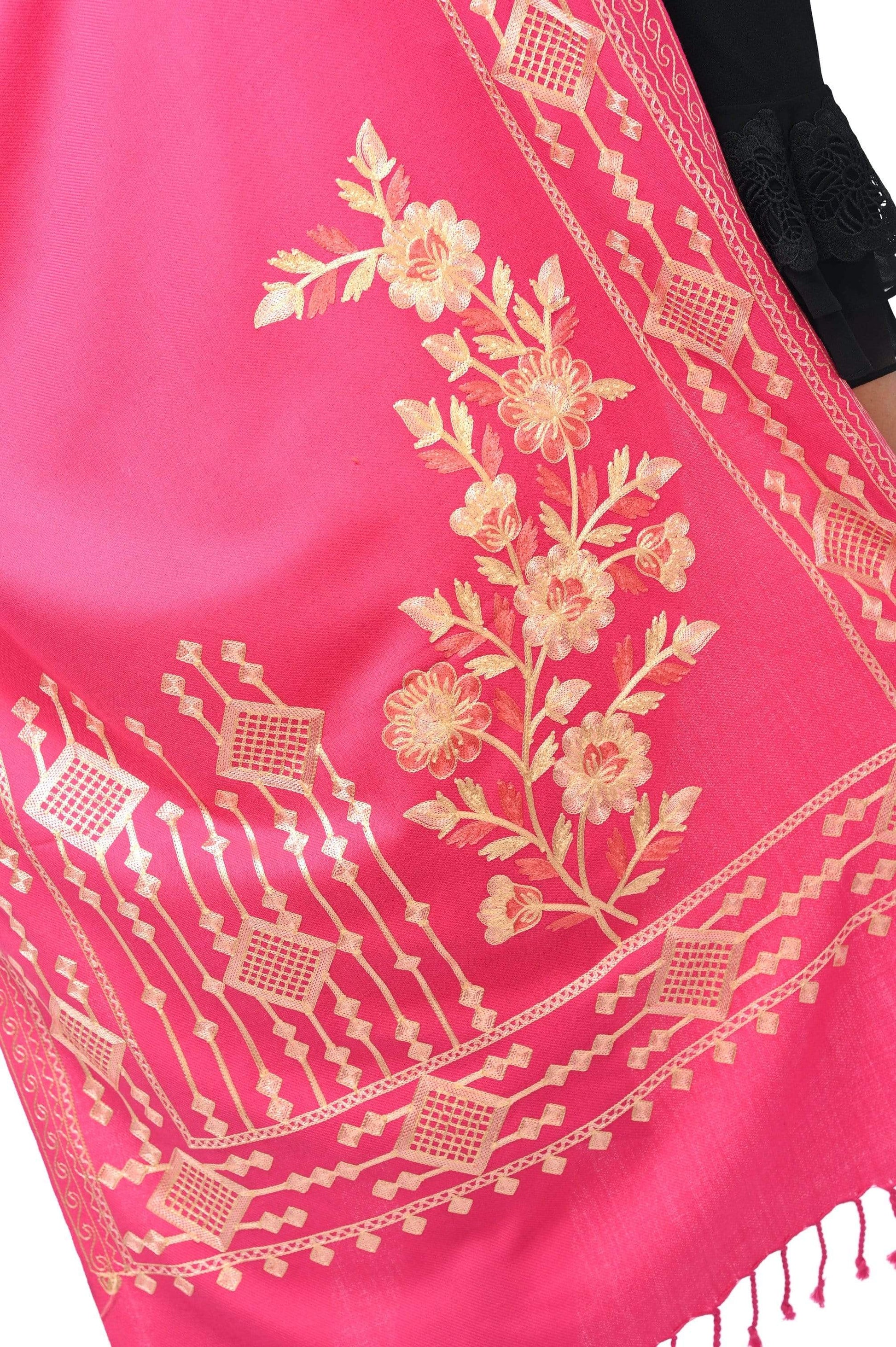 Pashwool 70x200 Pashwool Womens Kashmiri Embroidery Stole, Woollen Stole, Soft and Warm, Pink