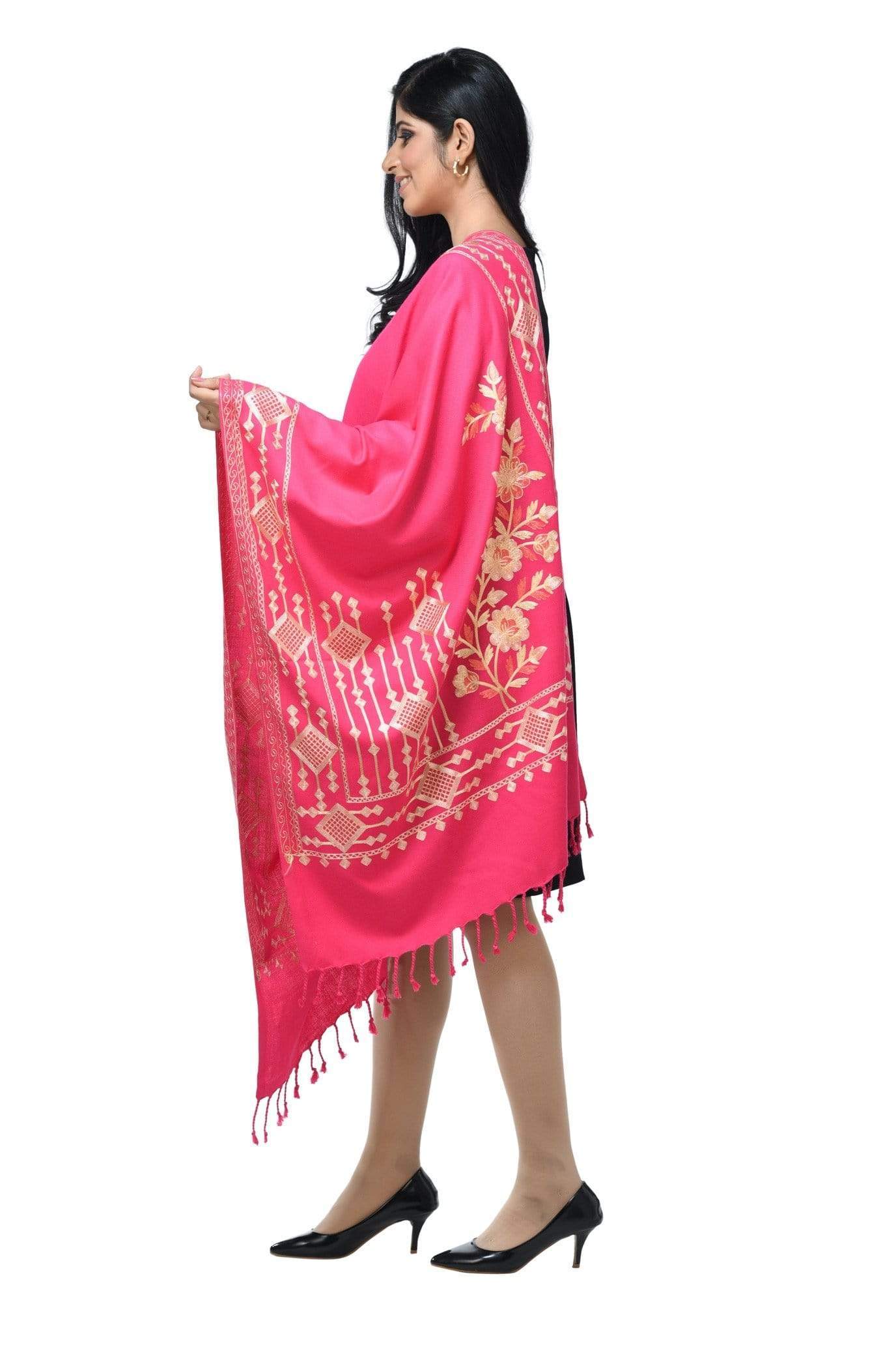 Pashwool 70x200 Pashwool Womens Kashmiri Embroidery Stole, Woollen Stole, Soft and Warm, Pink