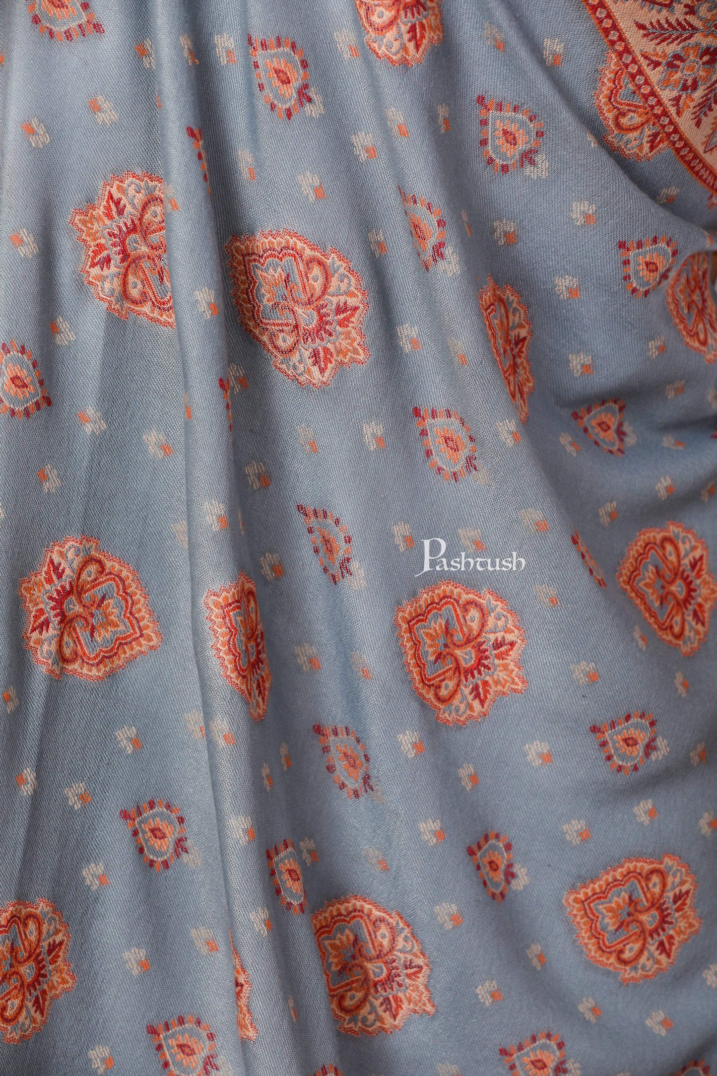 Pashtush Shawl Store Shawl Women's Kashmiri Design Jacquard Palla Shawl, Soft Faux Pashmina - Slate and Beige